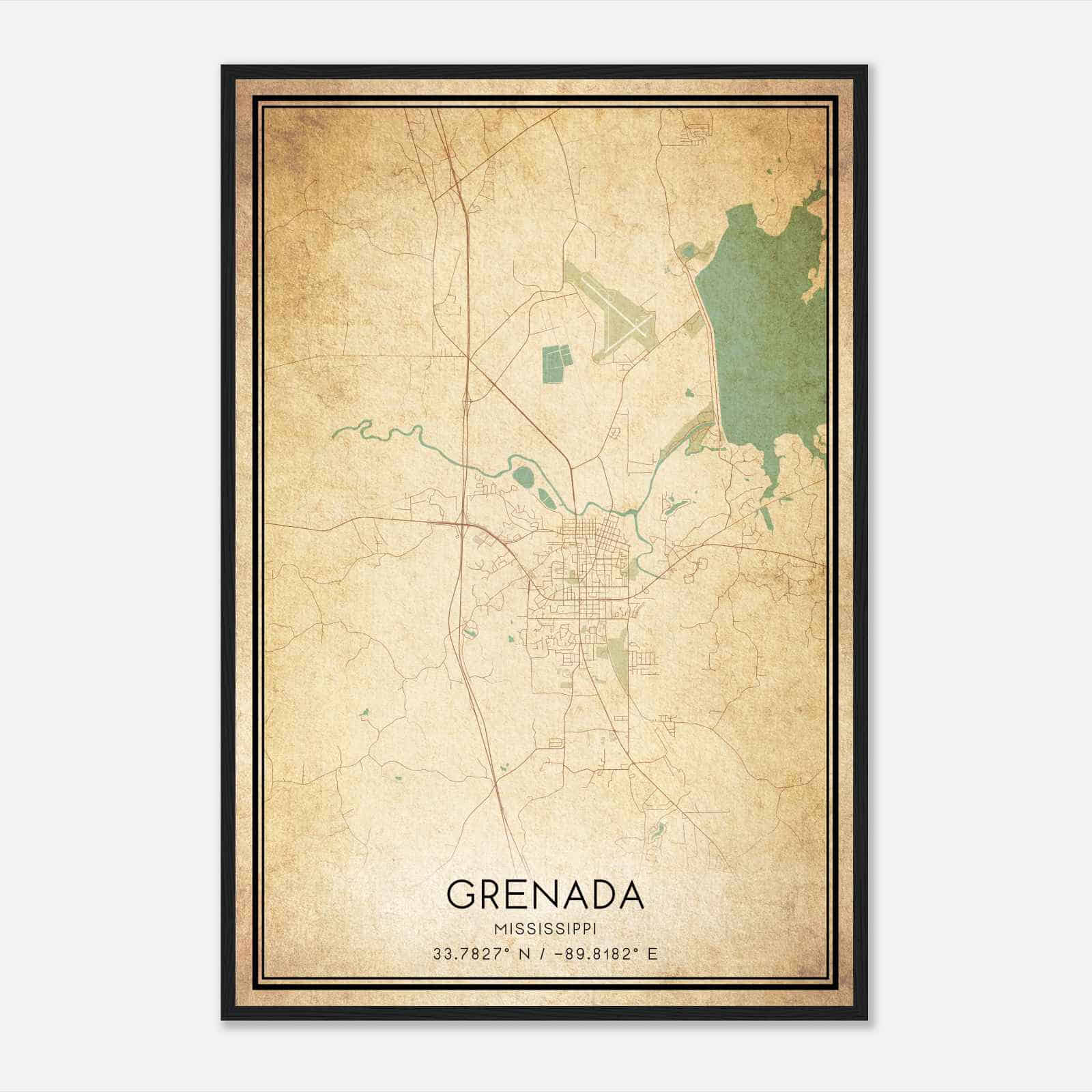 Vintage Grenada Mississippi Map Poster, Modern Home Decor Wall Art Print