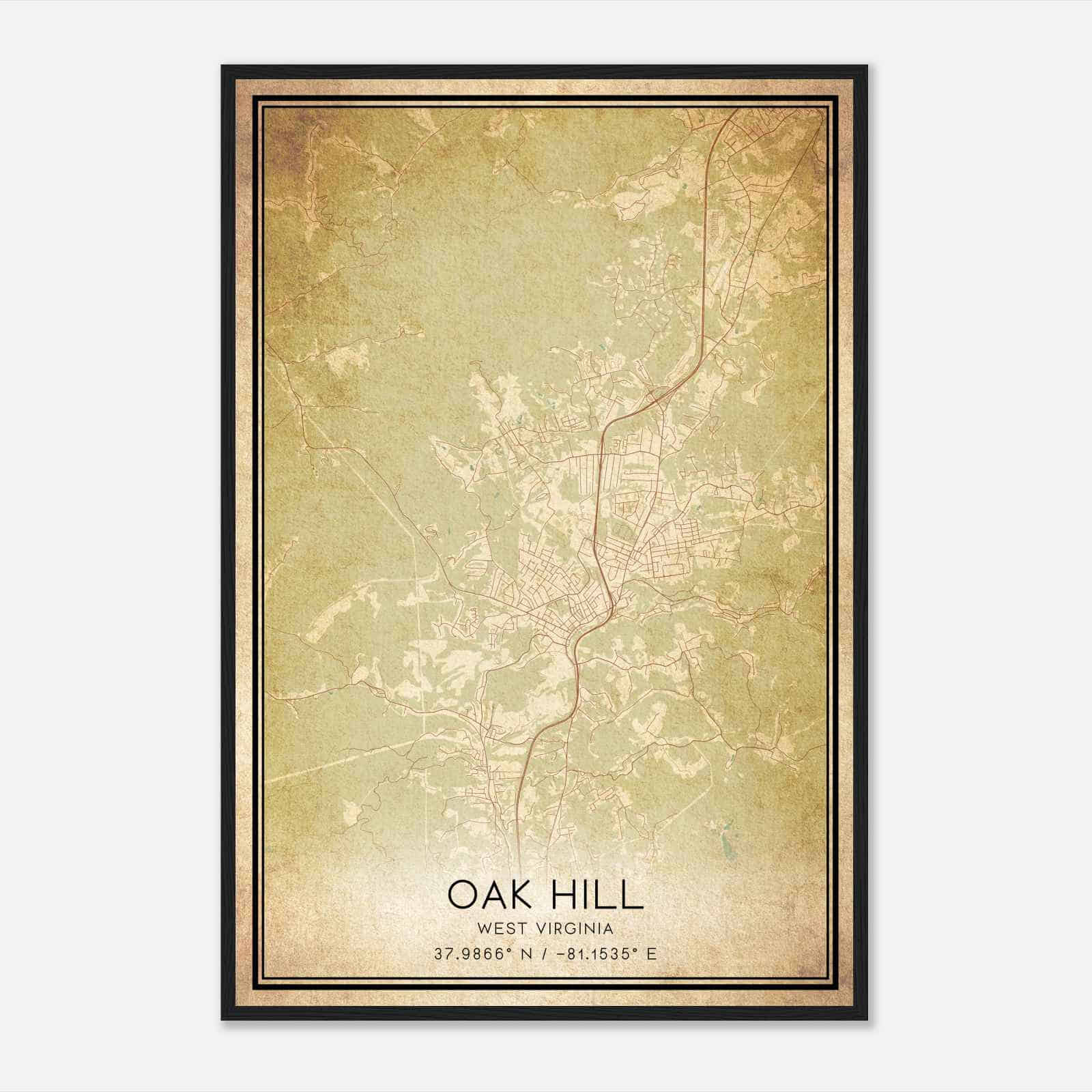 Vintage Oak Hill West Virginia Map Poster, Modern Home Decor Wall Art Print