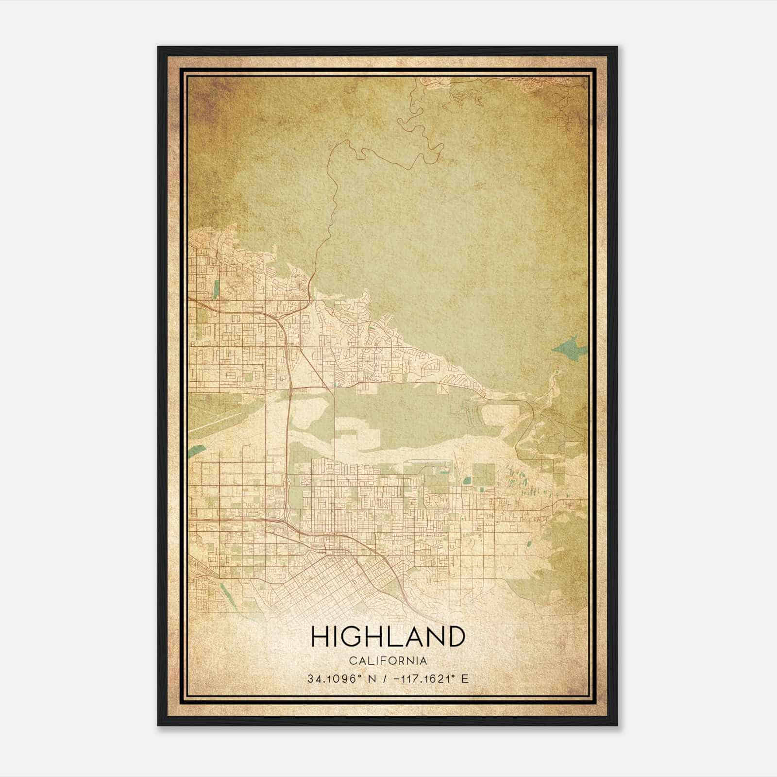Vintage Highland California Map Poster, Modern Home Decor Wall Art Print