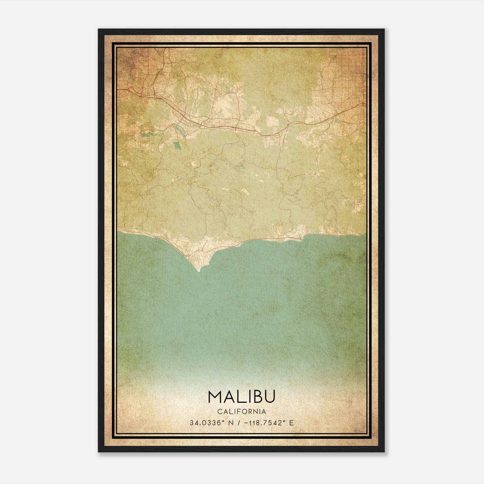 Vintage Malibu California Map Poster, Modern Home Decor Wall Art Print