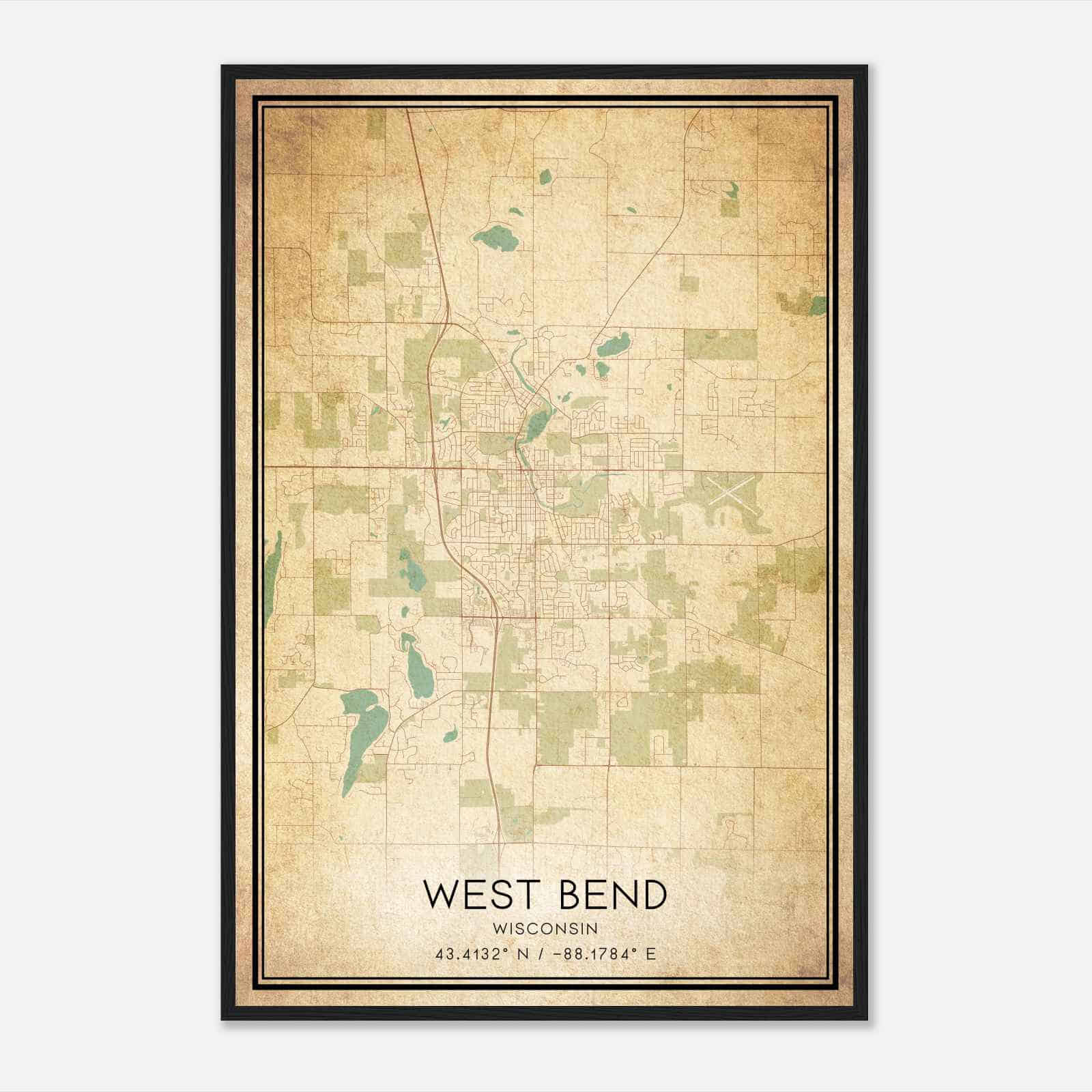 Vintage West Bend Wisconsin Map Poster, Modern Home Decor Wall Art Print
