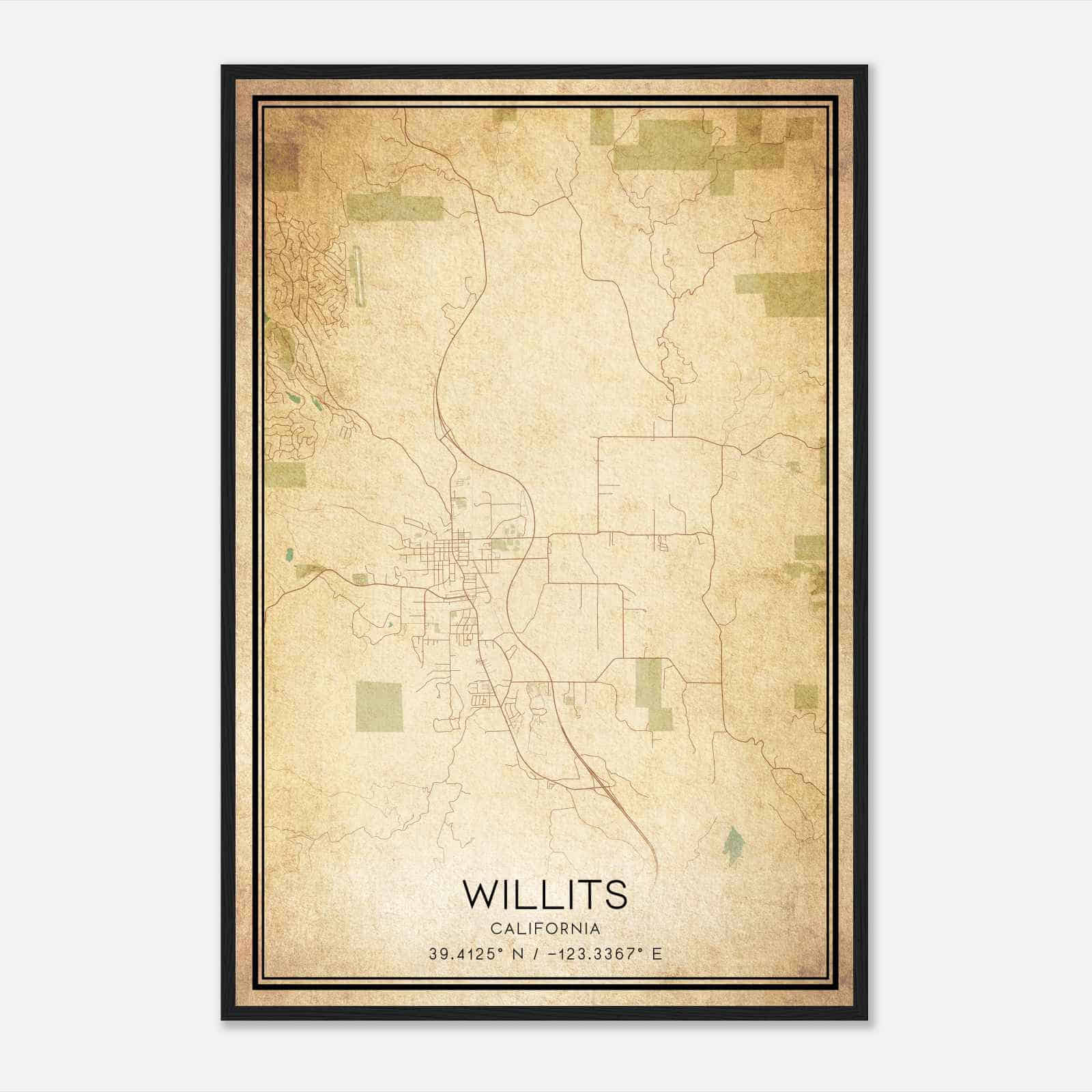 Vintage Willits California Map Poster, Modern Home Decor Wall Art Print