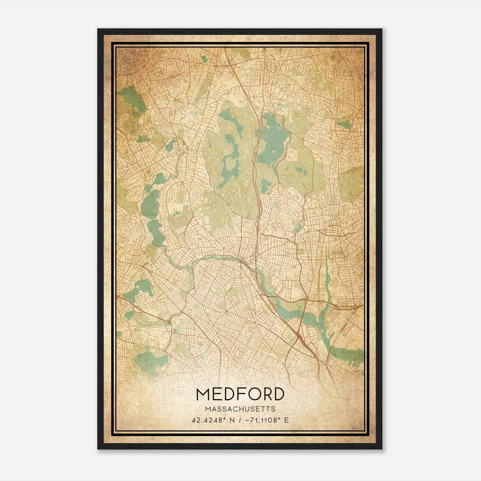Vintage Medford Massachusetts Map Poster, Modern Home Decor Wall Art Print