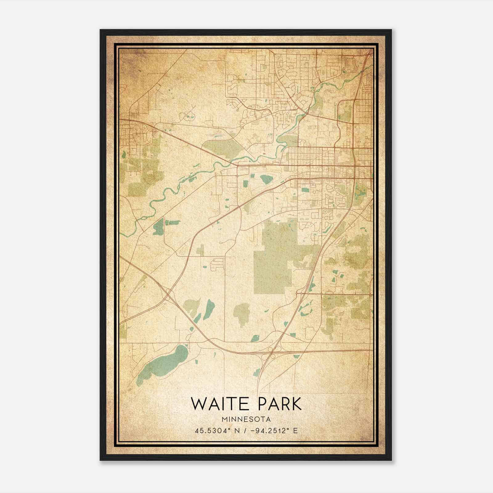 Vintage Waite Park Minnesota Map Poster, Modern Home Decor Wall Art Print