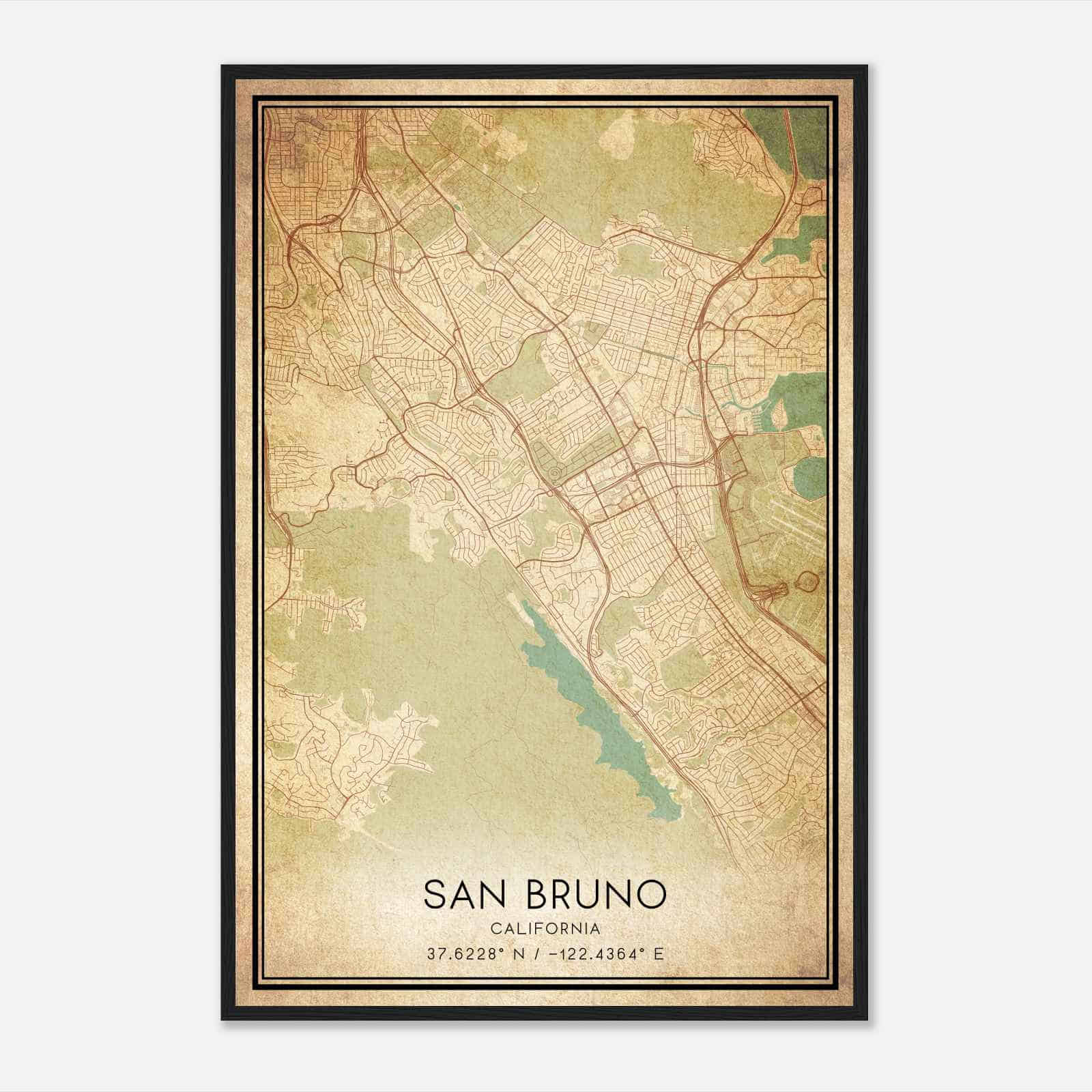 Vintage San Bruno California Map Poster, Modern Home Decor Wall Art Print
