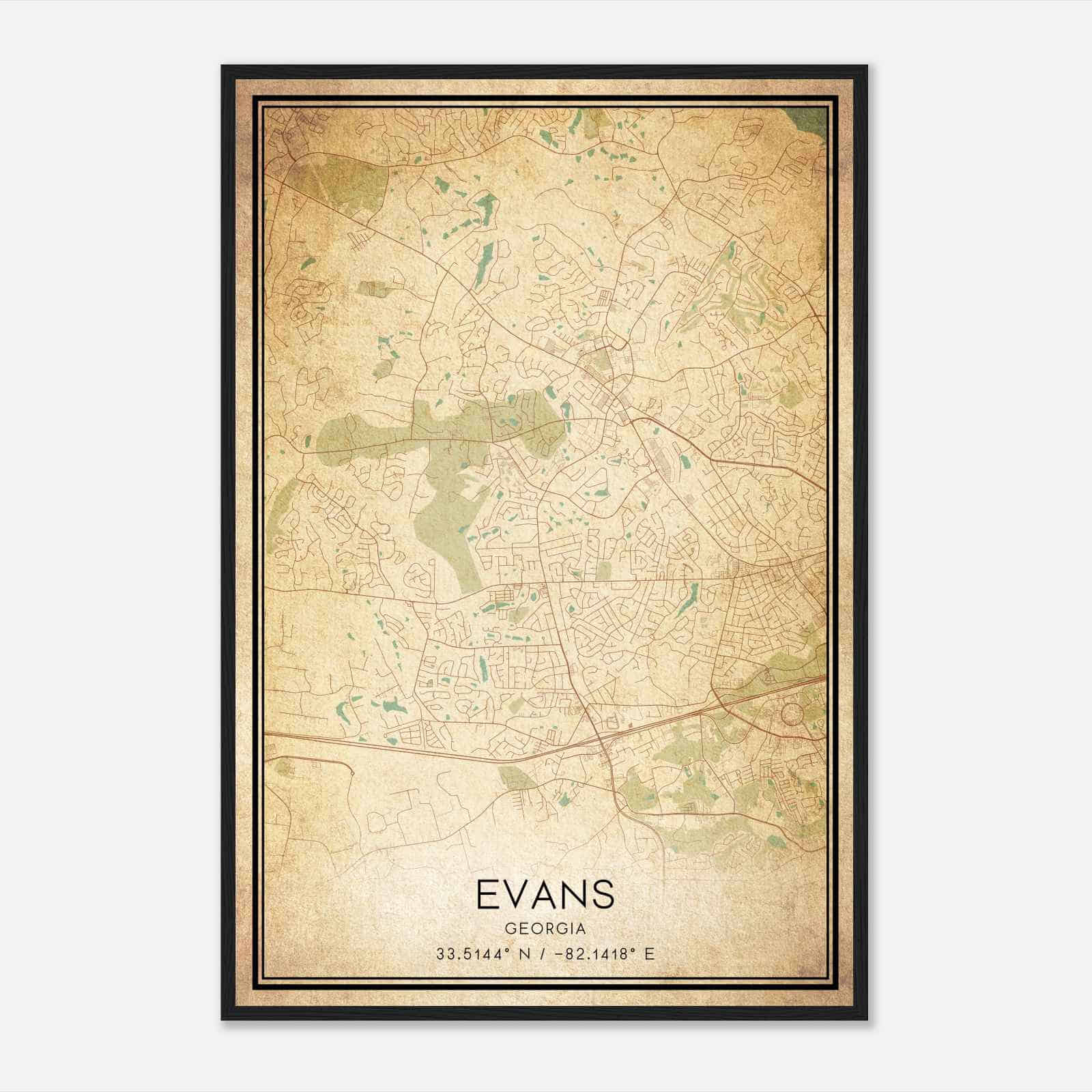 Vintage Evans Georgia Map Poster, Modern Home Decor Wall Art Print