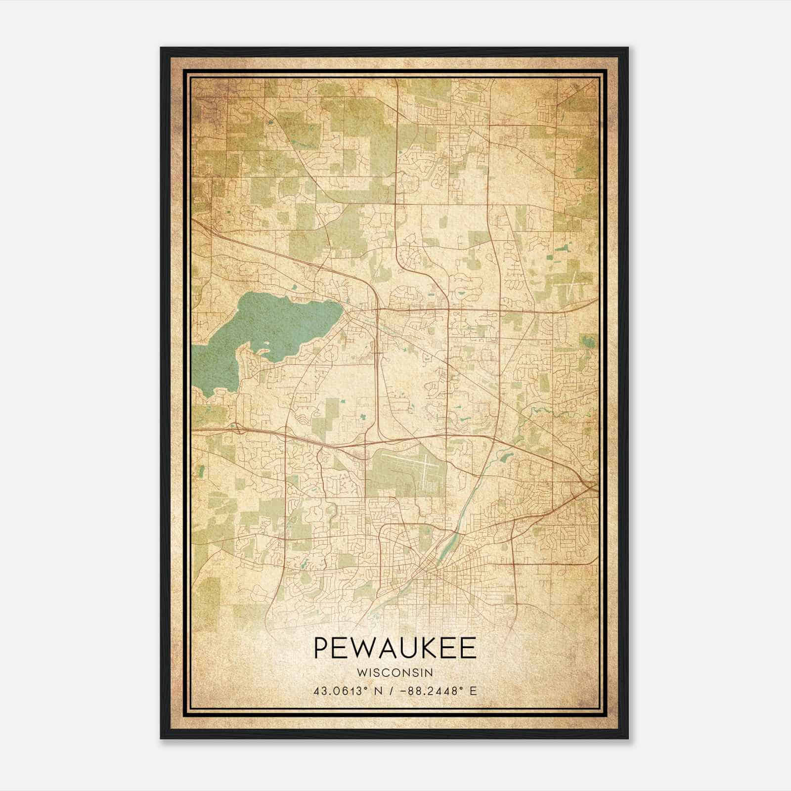 Vintage Pewaukee Wisconsin Map Poster, Modern Home Decor Wall Art Print