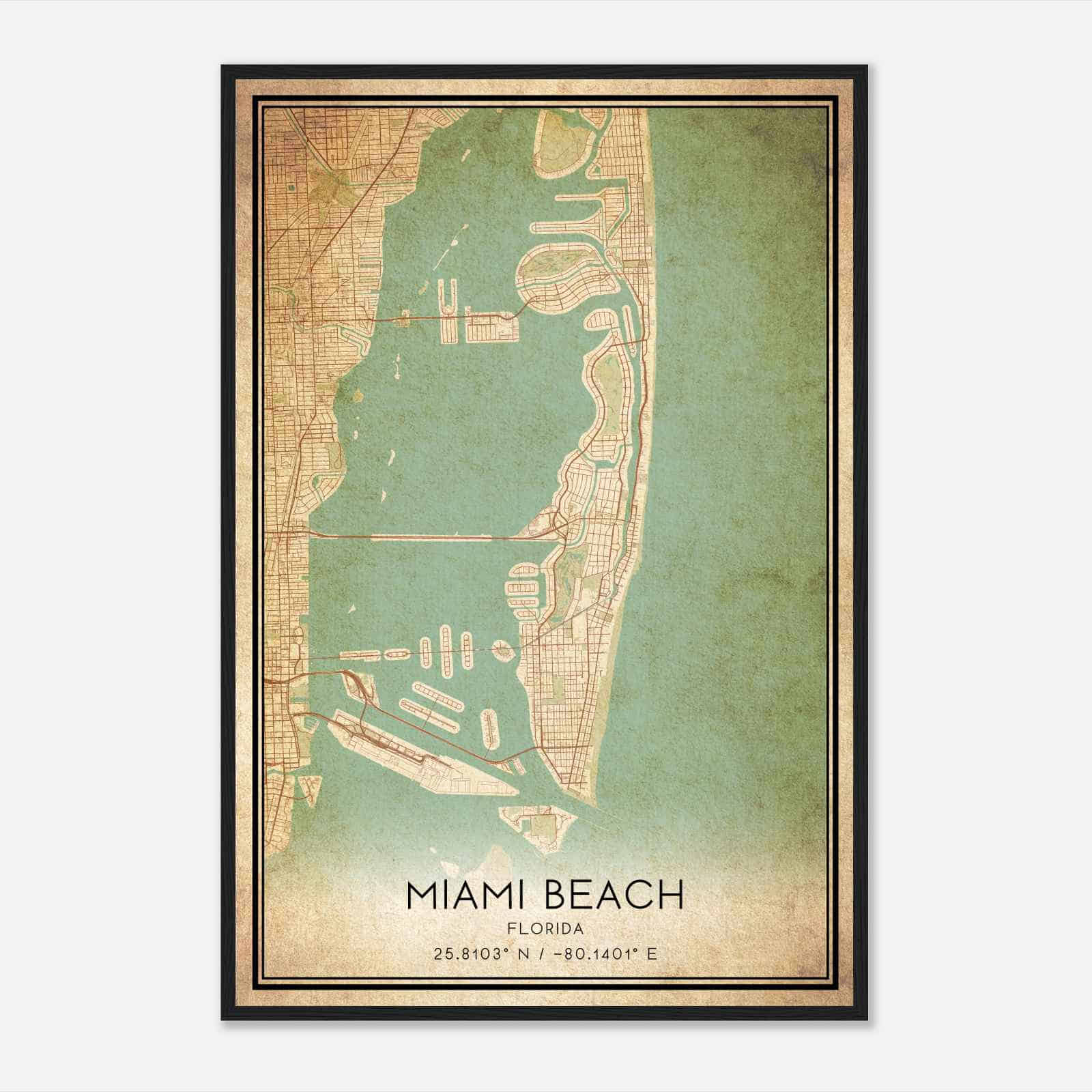 Vintage Miami Beach Florida Map Poster, Modern Home Decor Wall Art Print
