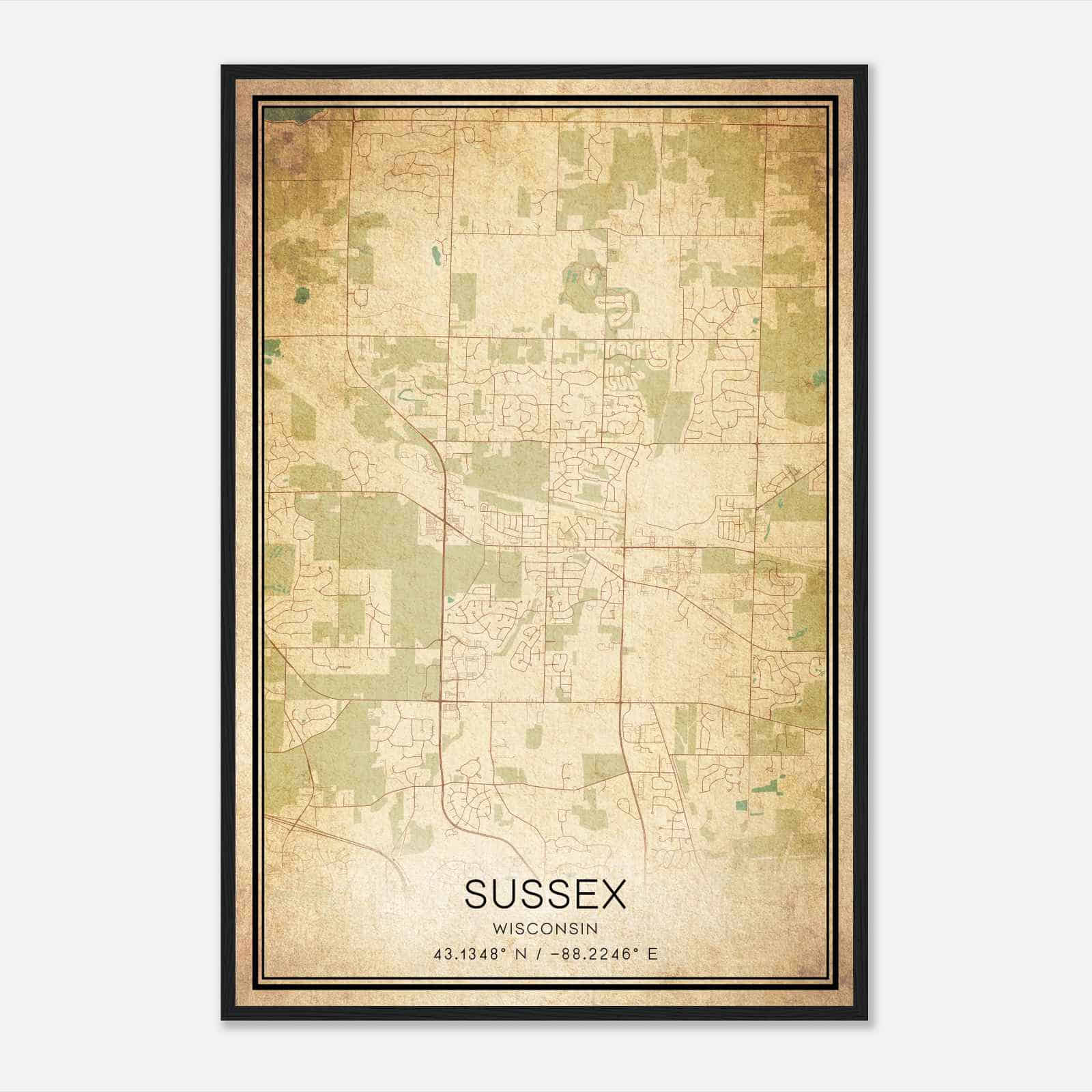 Vintage Sussex Wisconsin Map Poster, Modern Home Decor Wall Art Print