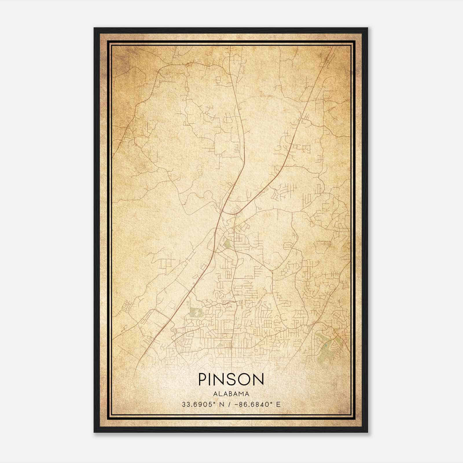 Vintage Pinson Alabama Map Poster, Modern Home Decor Wall Art Print