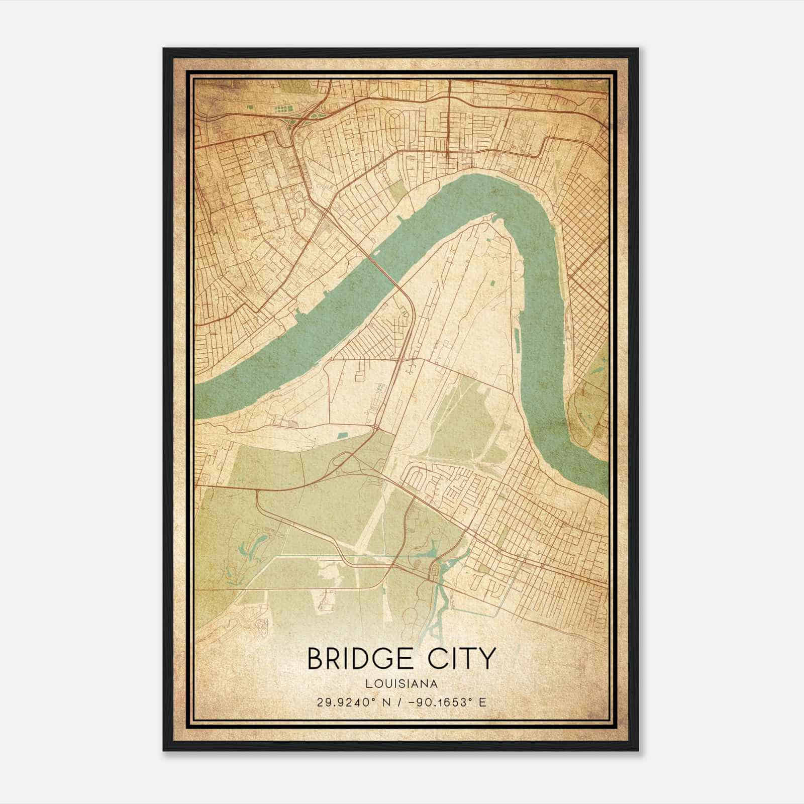 Vintage Bridge City Louisiana Map Poster, Modern Home Decor Wall Art Print