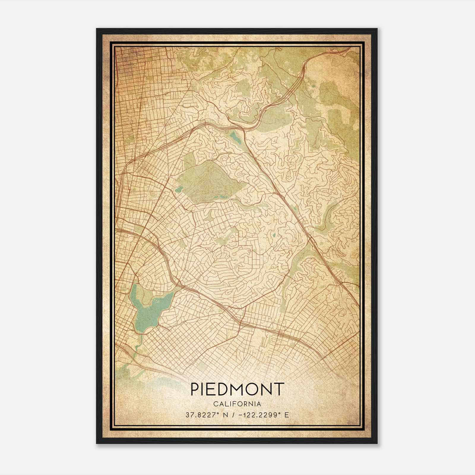 Vintage Piedmont California Map Poster, Modern Home Decor Wall Art Print