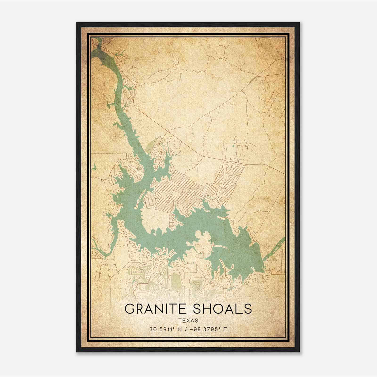 Vintage Granite Shoals Texas Map Poster, Modern Home Decor Wall Art Print