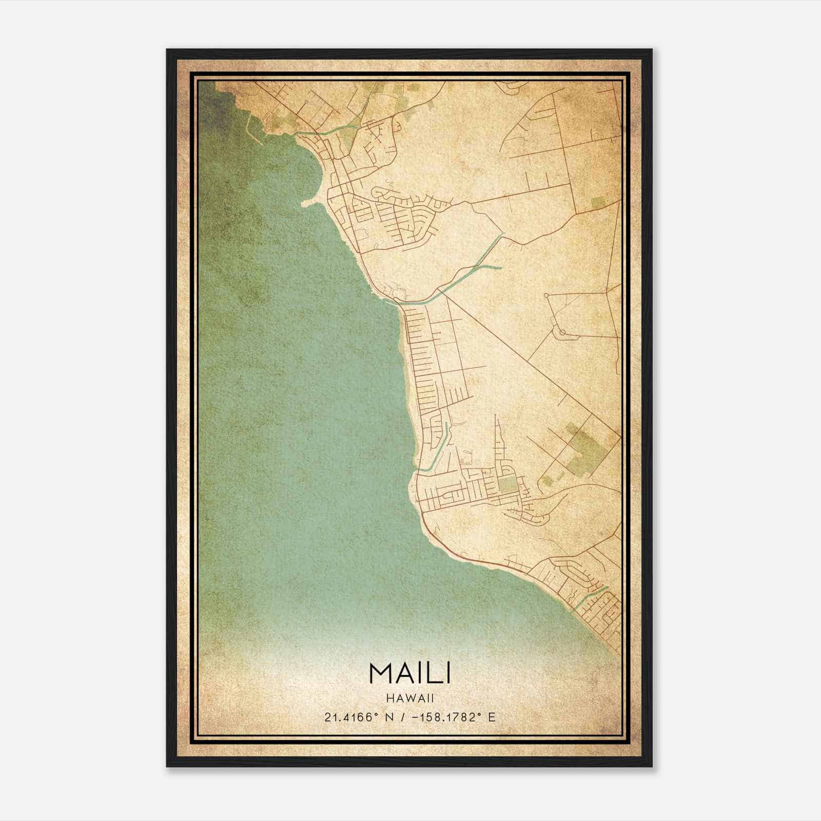 Vintage Maili Hawaii Map Poster, Modern Home Decor Wall Art Print