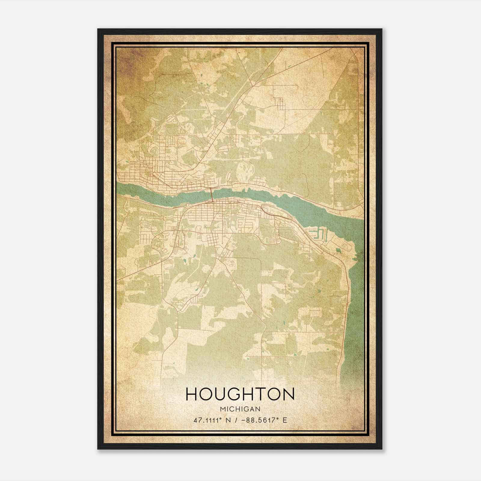 Vintage Houghton Michigan Map Poster, Modern Home Decor Wall Art Print
