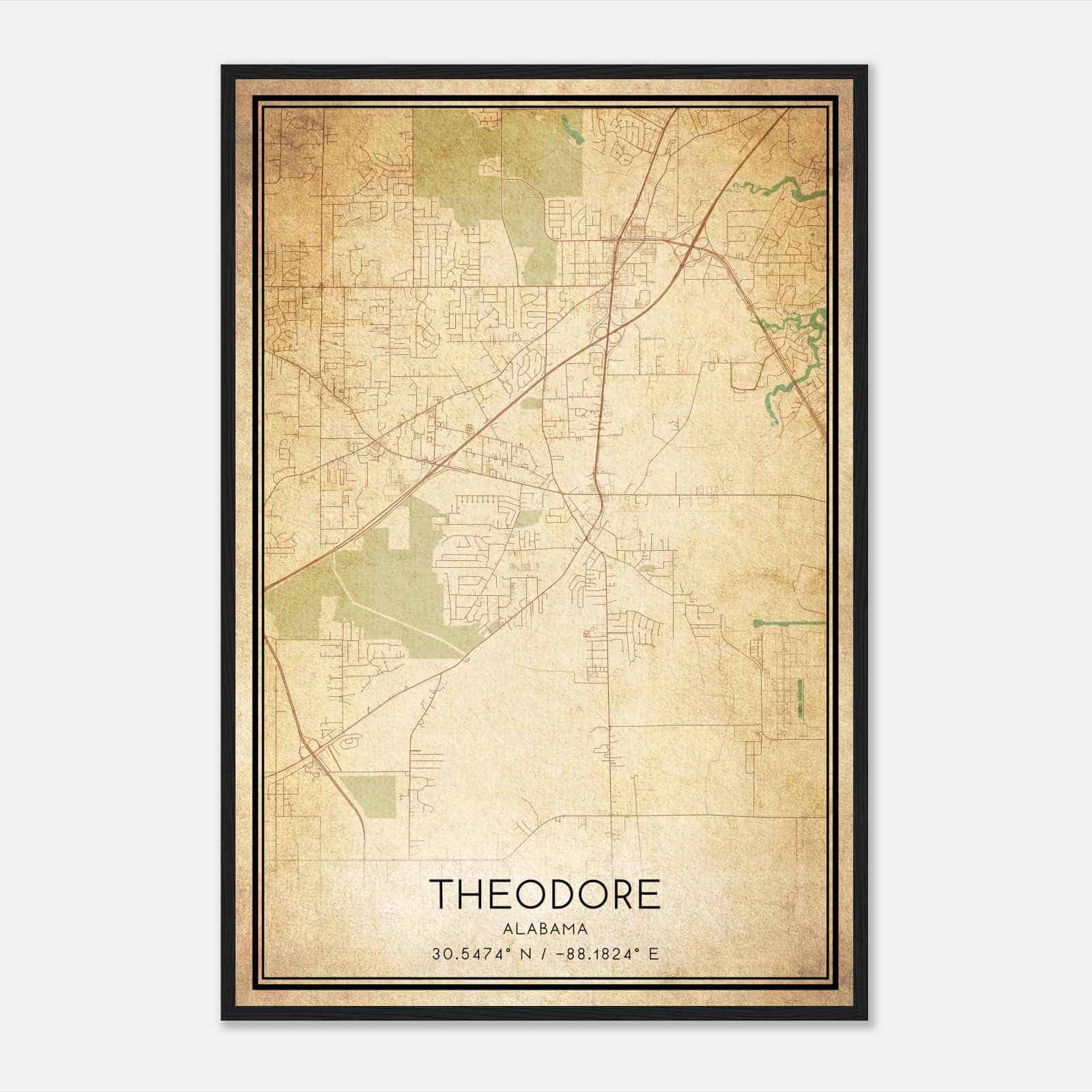 Vintage Theodore Alabama Map Poster, Modern Home Decor Wall Art Print