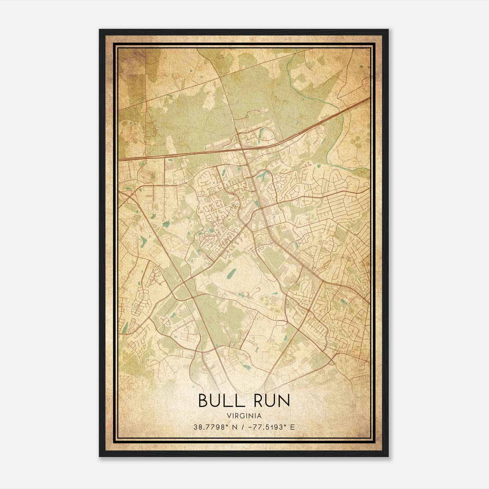 Vintage Bull Run Virginia Map Poster, Modern Home Decor Wall Art Print