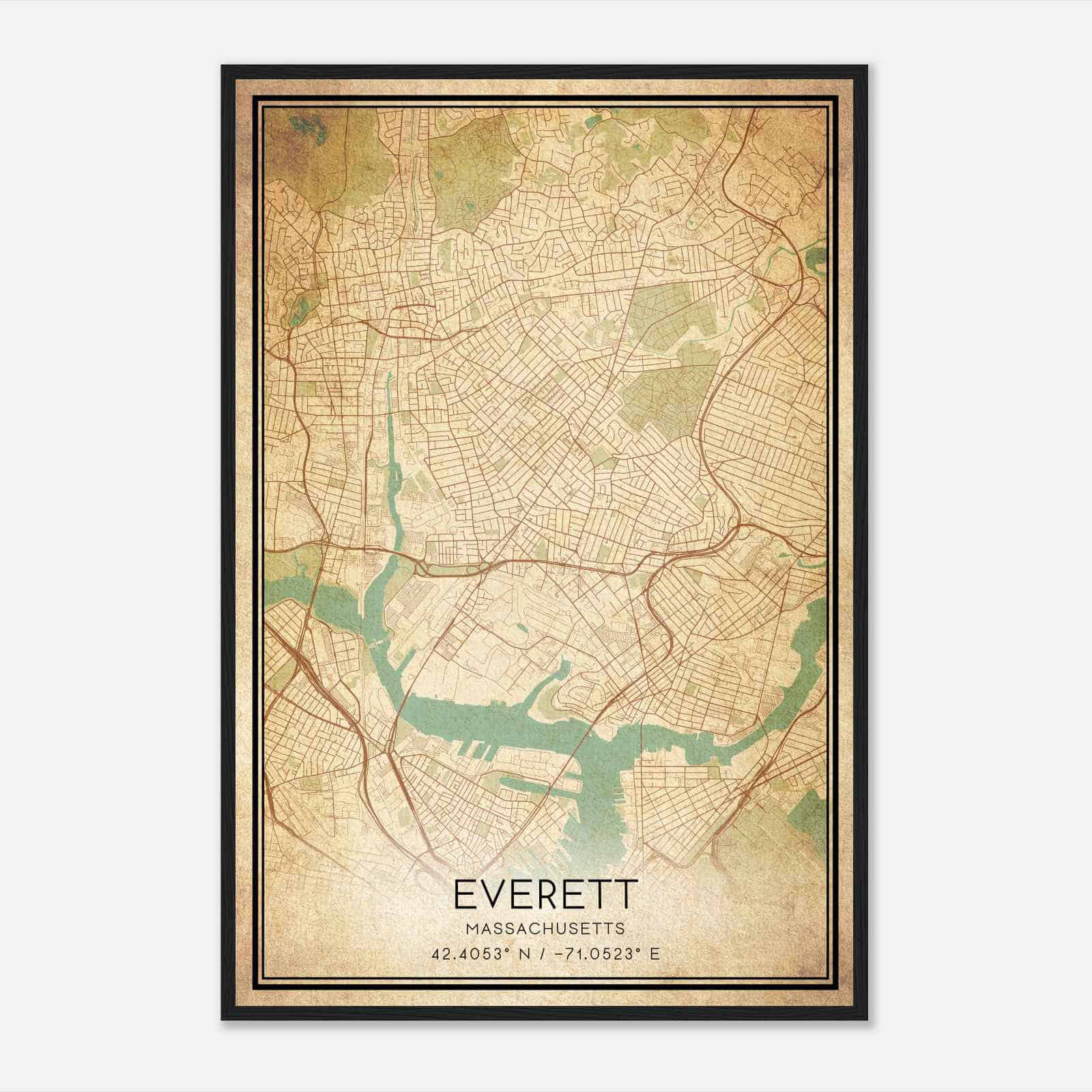 Vintage Everett Massachusetts Map Poster, Modern Home Decor Wall Art Print