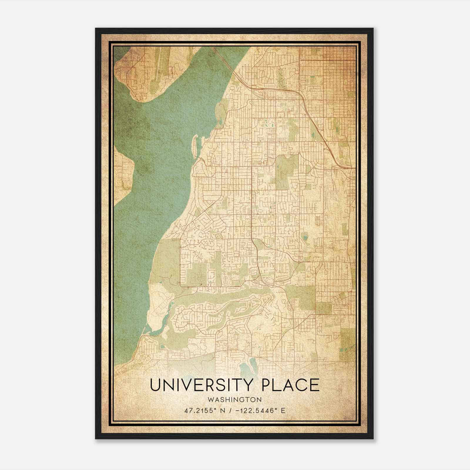 Vintage University Place Washington Map Poster, Modern Home Decor Wall Art Print