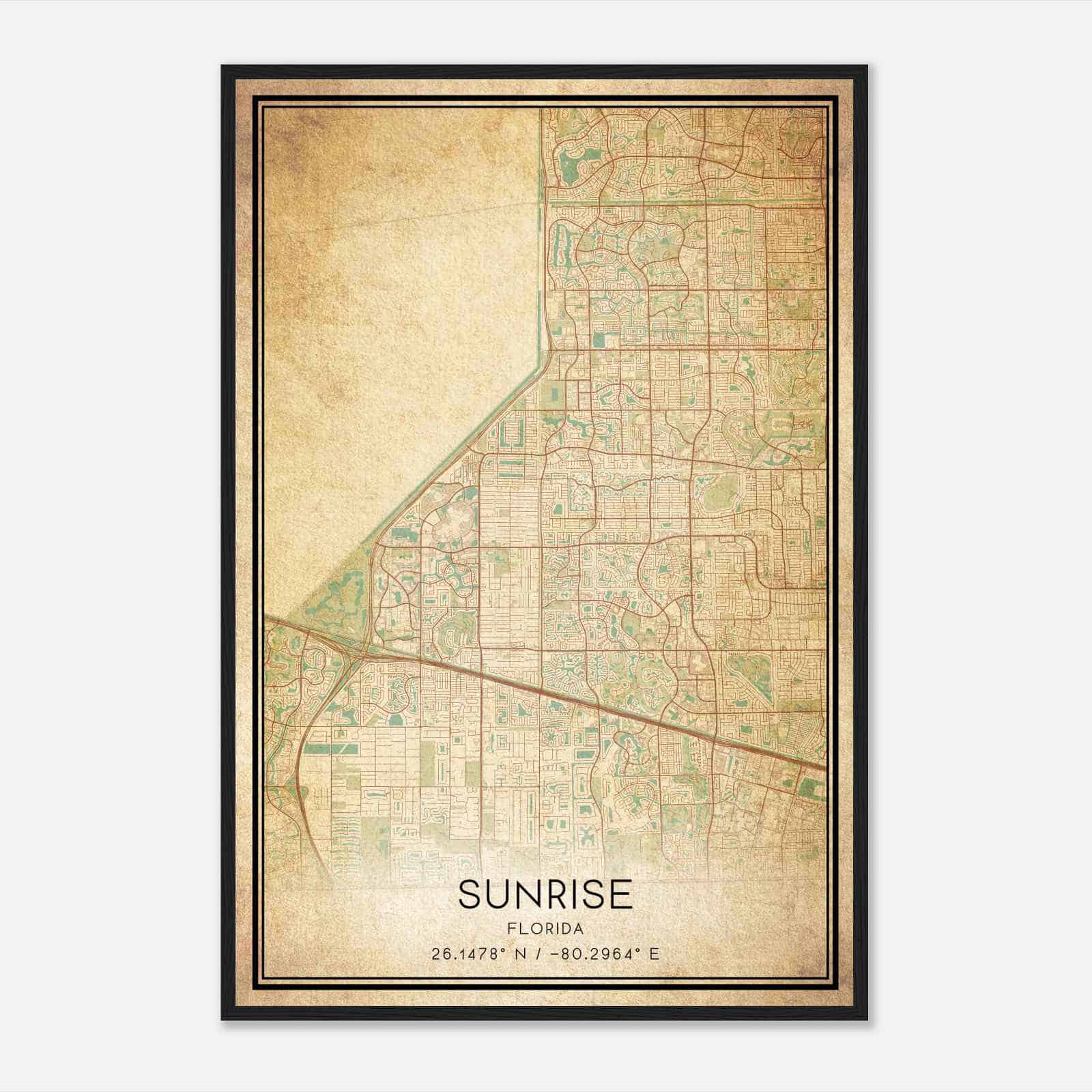 Vintage Sunrise Florida Map Poster, Modern Home Decor Wall Art Print