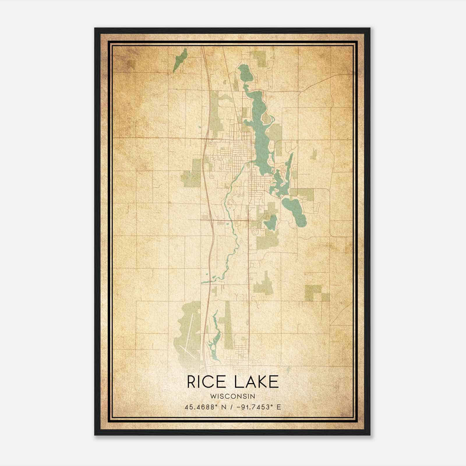 Vintage Rice Lake Wisconsin Map Poster, Modern Home Decor Wall Art Print