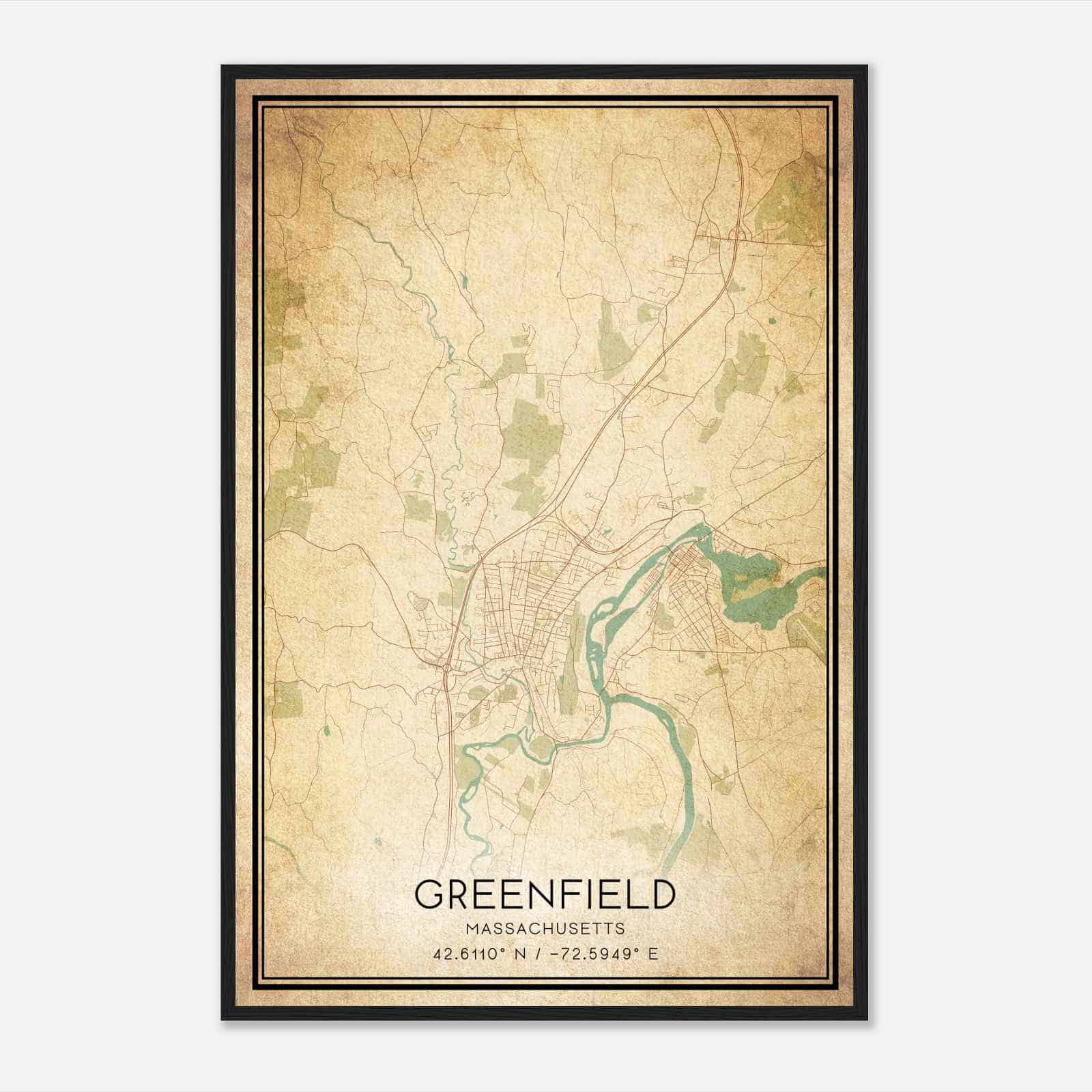 Vintage Greenfield Massachusetts Map Poster, Modern Home Decor Wall Art Print