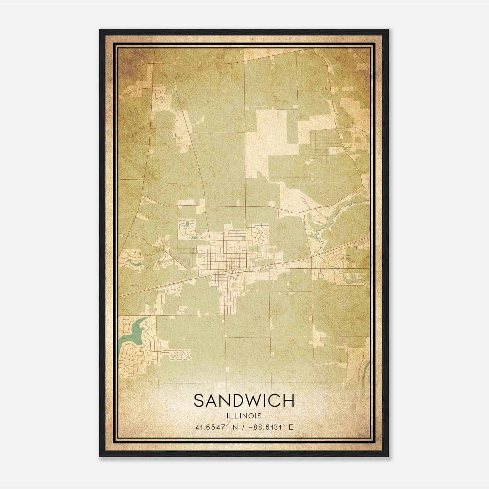 Vintage Sandwich Illinois Map Poster, Modern Home Decor Wall Art Print