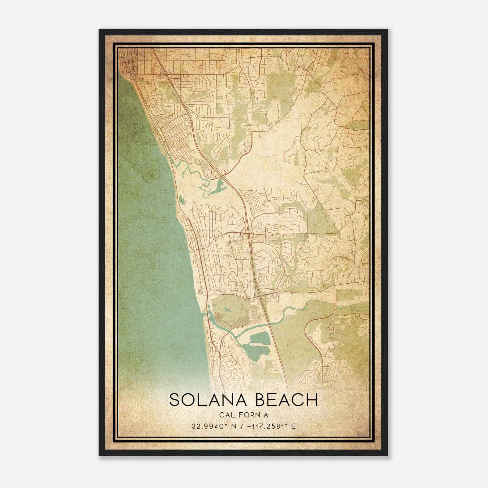 Vintage Solana Beach California Map Poster, Modern Home Decor Wall Art Print