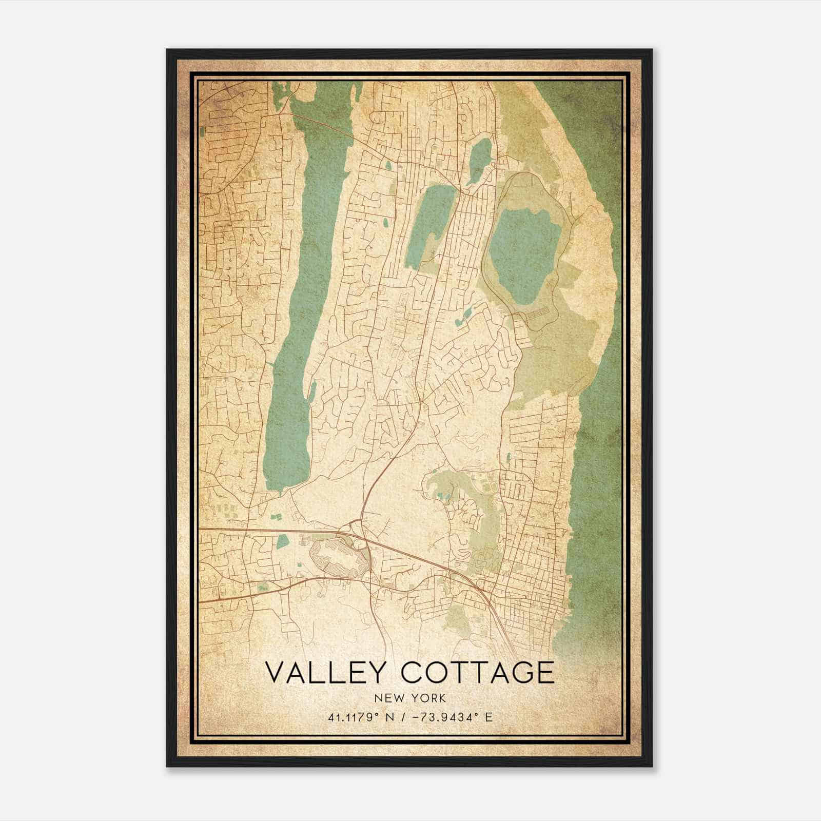 Vintage Valley Cottage New York Map Poster, Modern Home Decor Wall Art Print