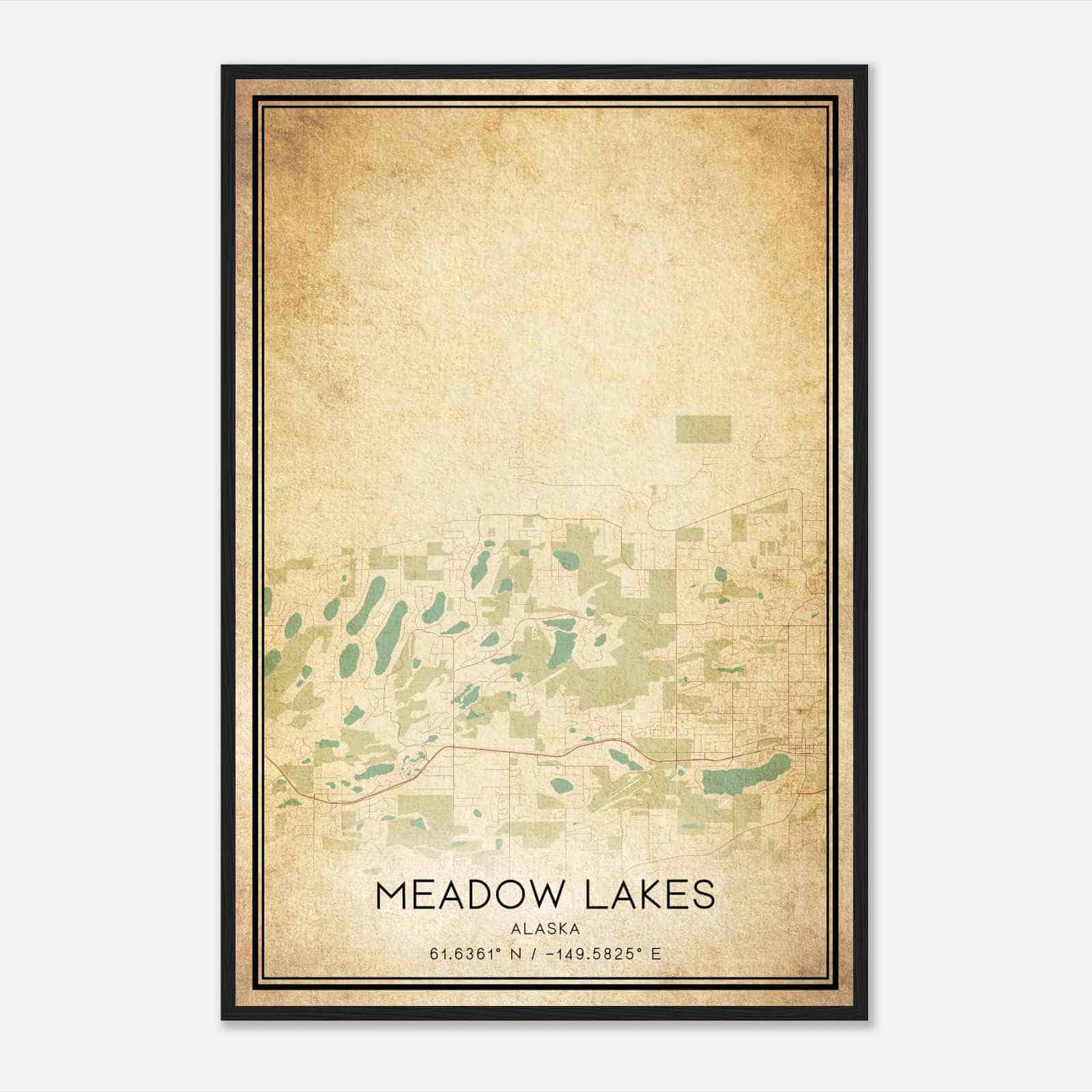 Vintage Meadow Lakes Alaska Map Poster, Modern Home Decor Wall Art Print