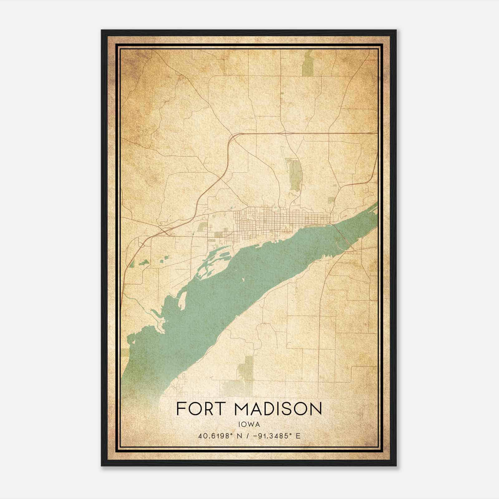 Vintage Fort Madison Iowa Map Poster, Modern Home Decor Wall Art Print