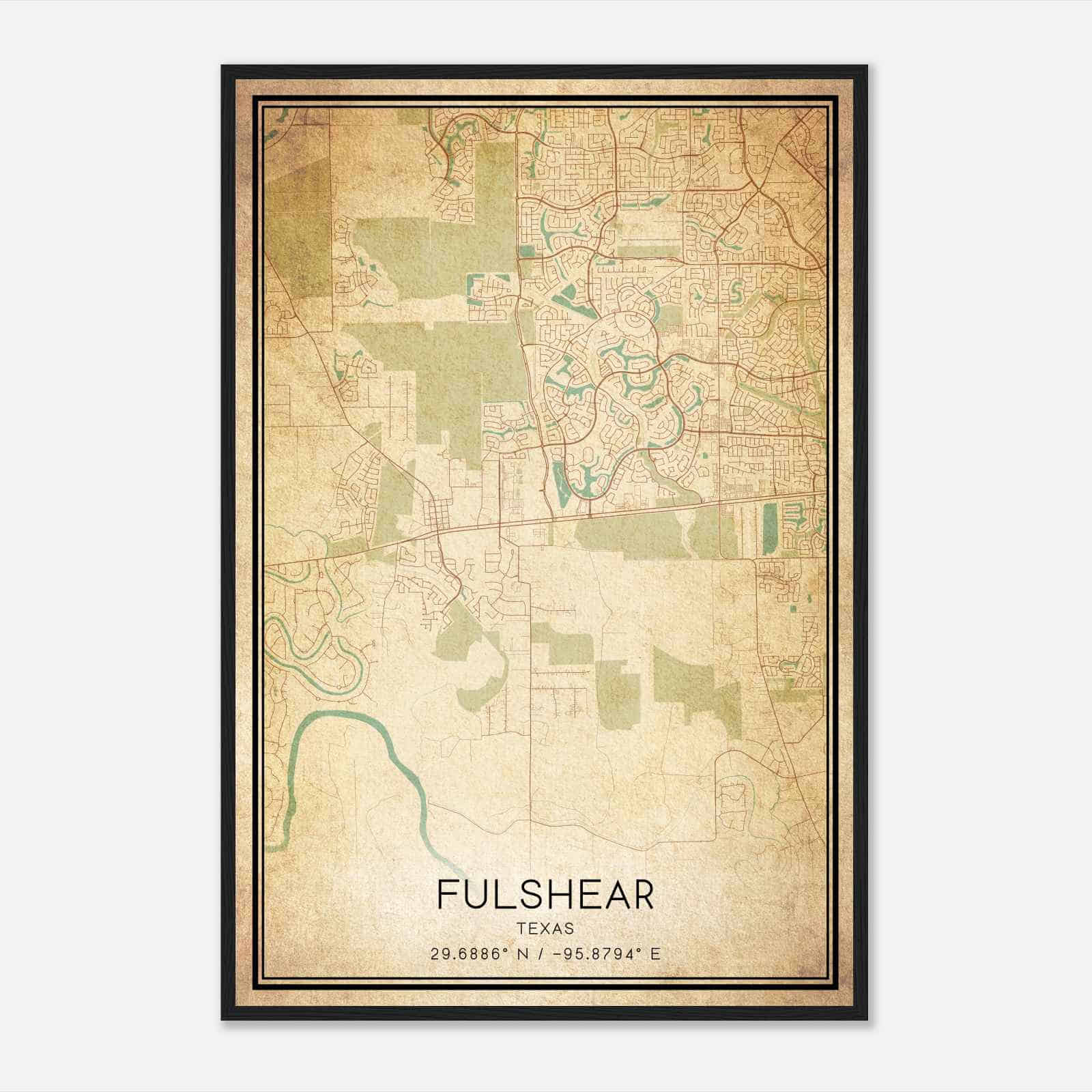 Vintage Fulshear Texas Map Poster, Modern Home Decor Wall Art Print
