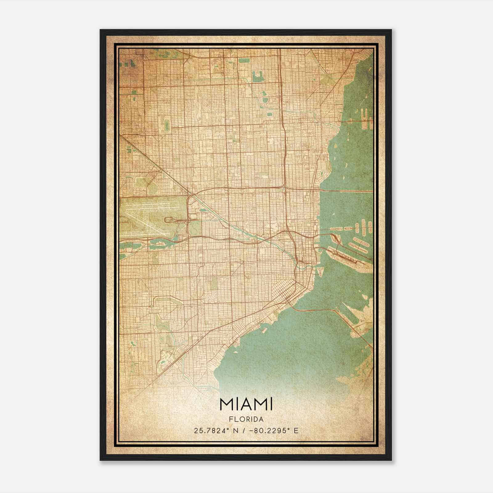 Vintage Miami Florida Map Poster, Modern Home Decor Wall Art Print