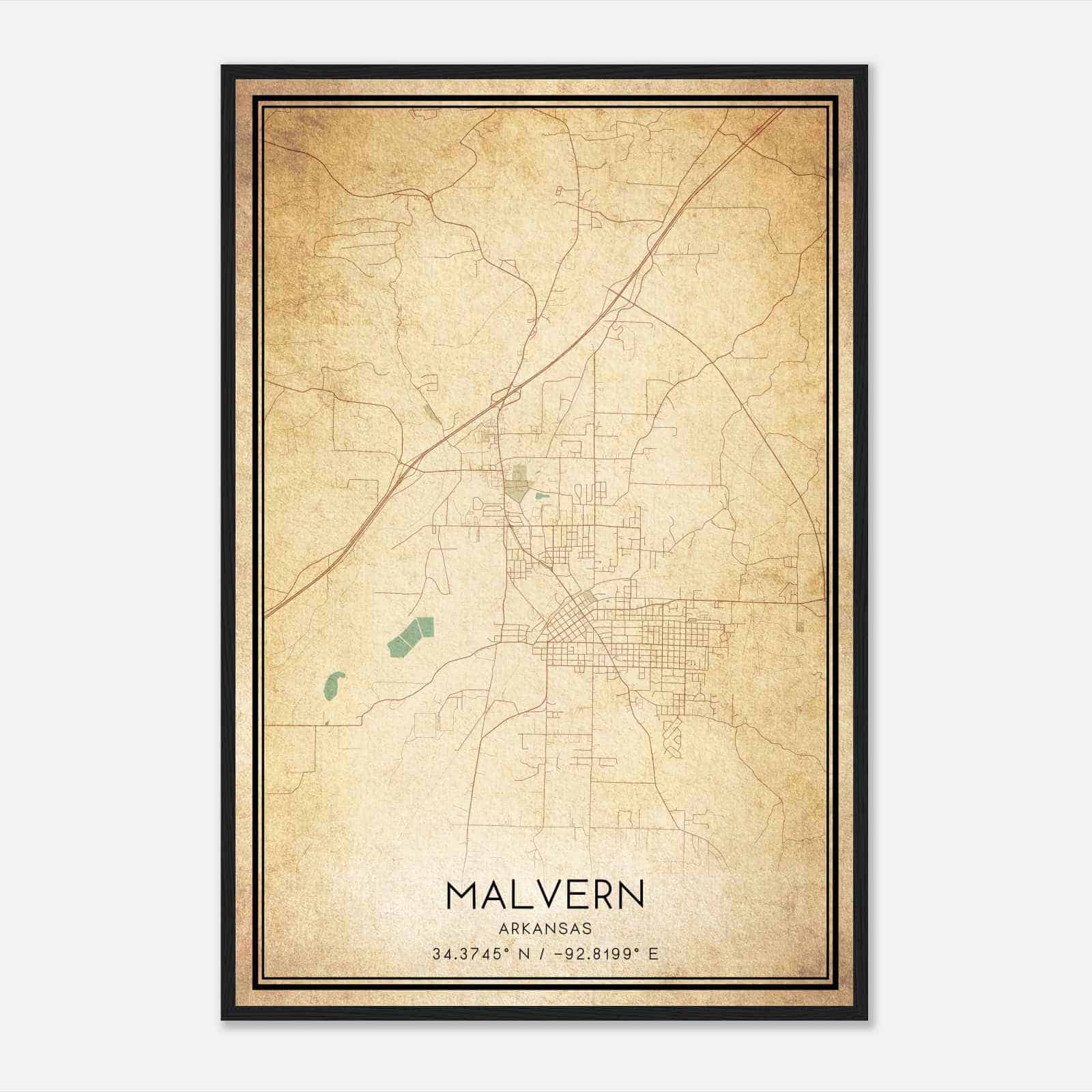 Vintage Malvern Arkansas Map Poster, Modern Home Decor Wall Art Print