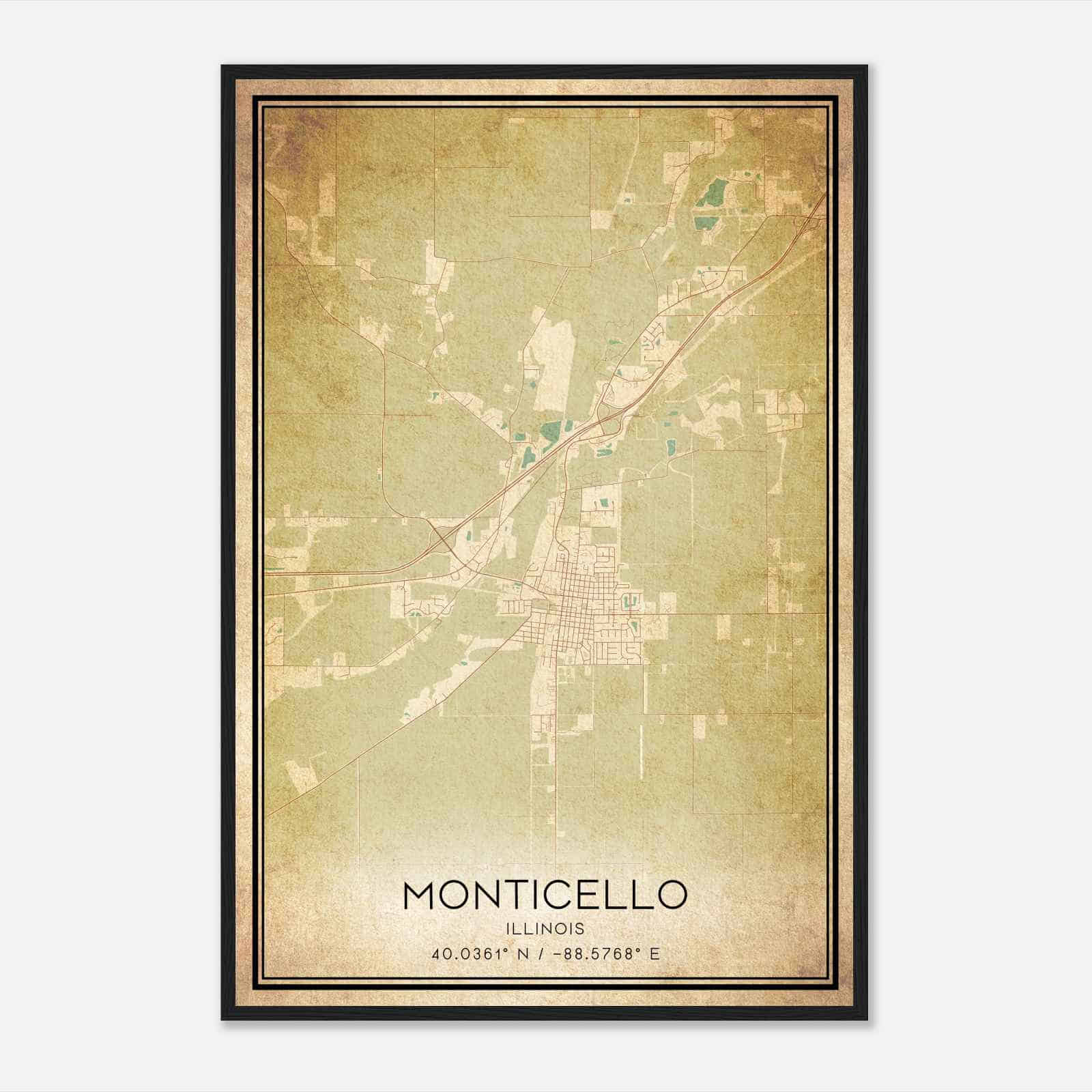Vintage Monticello Illinois Map Poster, Modern Home Decor Wall Art Print