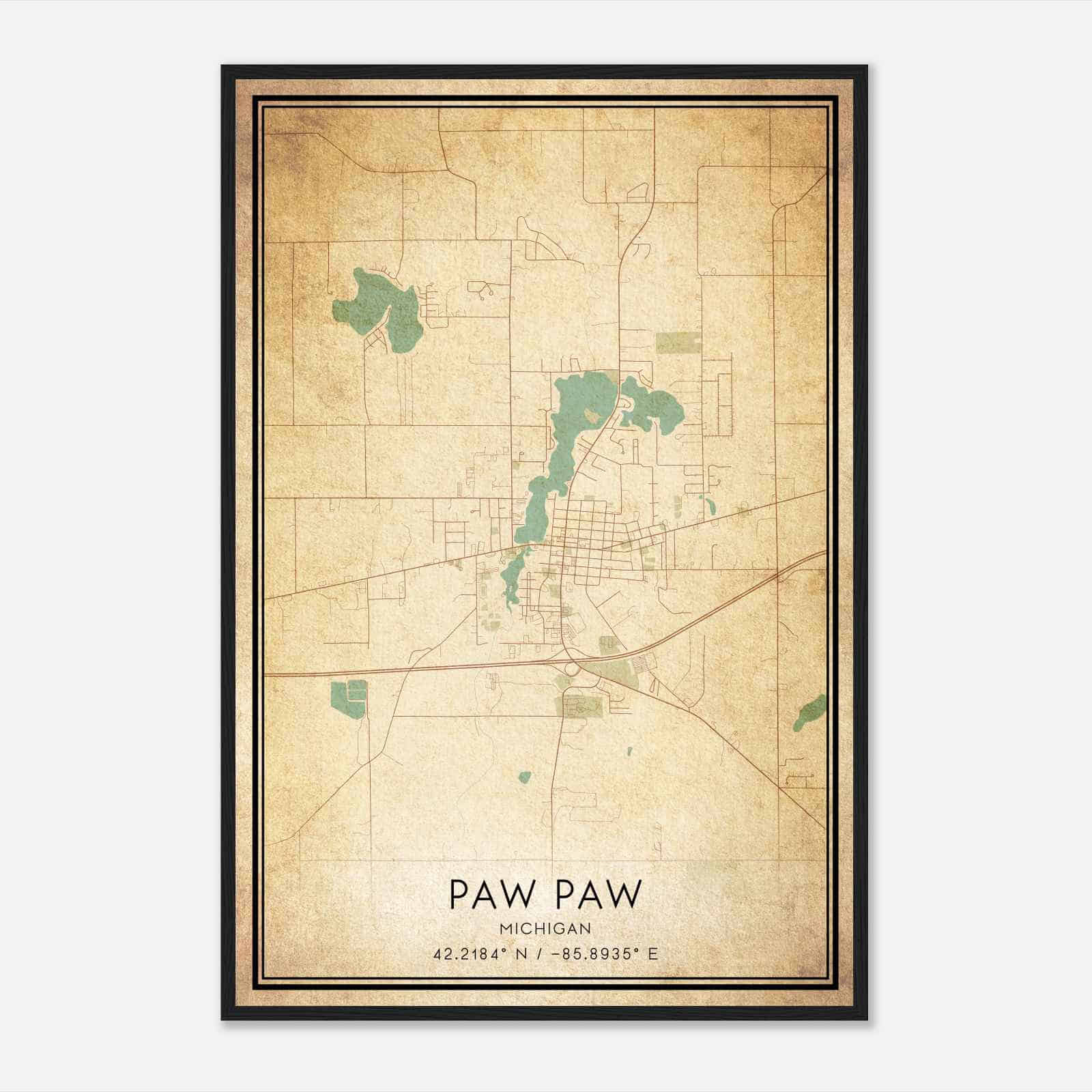 Vintage Paw Paw Michigan Map Poster, Modern Home Decor Wall Art Print