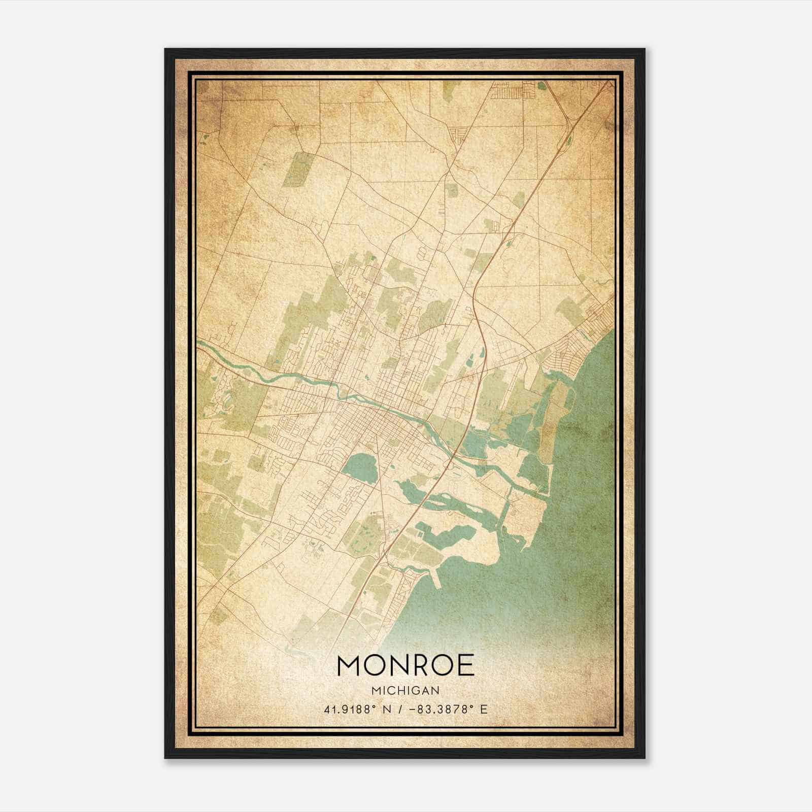 Vintage Monroe Michigan Map Poster, Modern Home Decor Wall Art Print