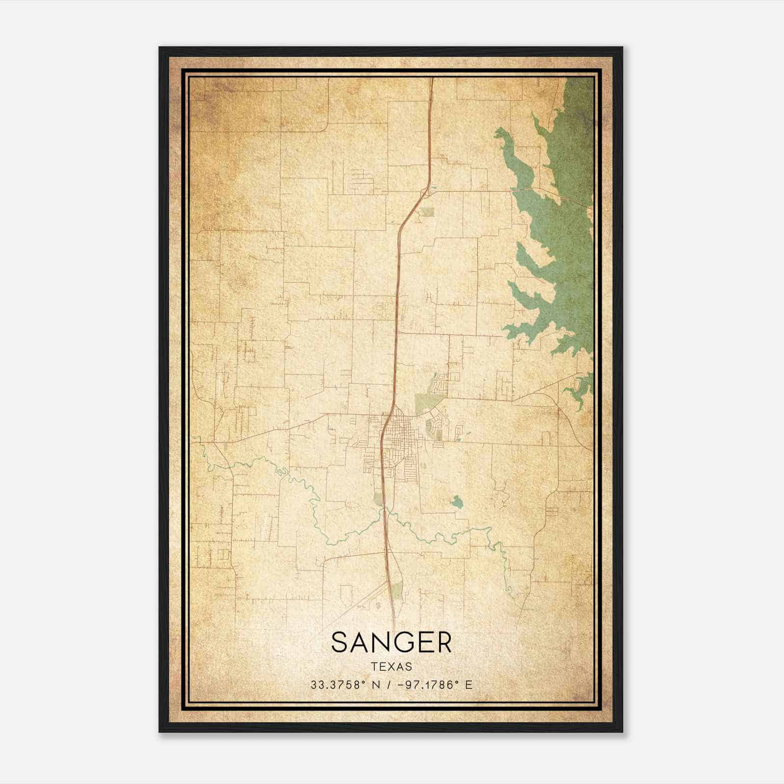 Vintage Sanger Texas Map Poster, Modern Home Decor Wall Art Print