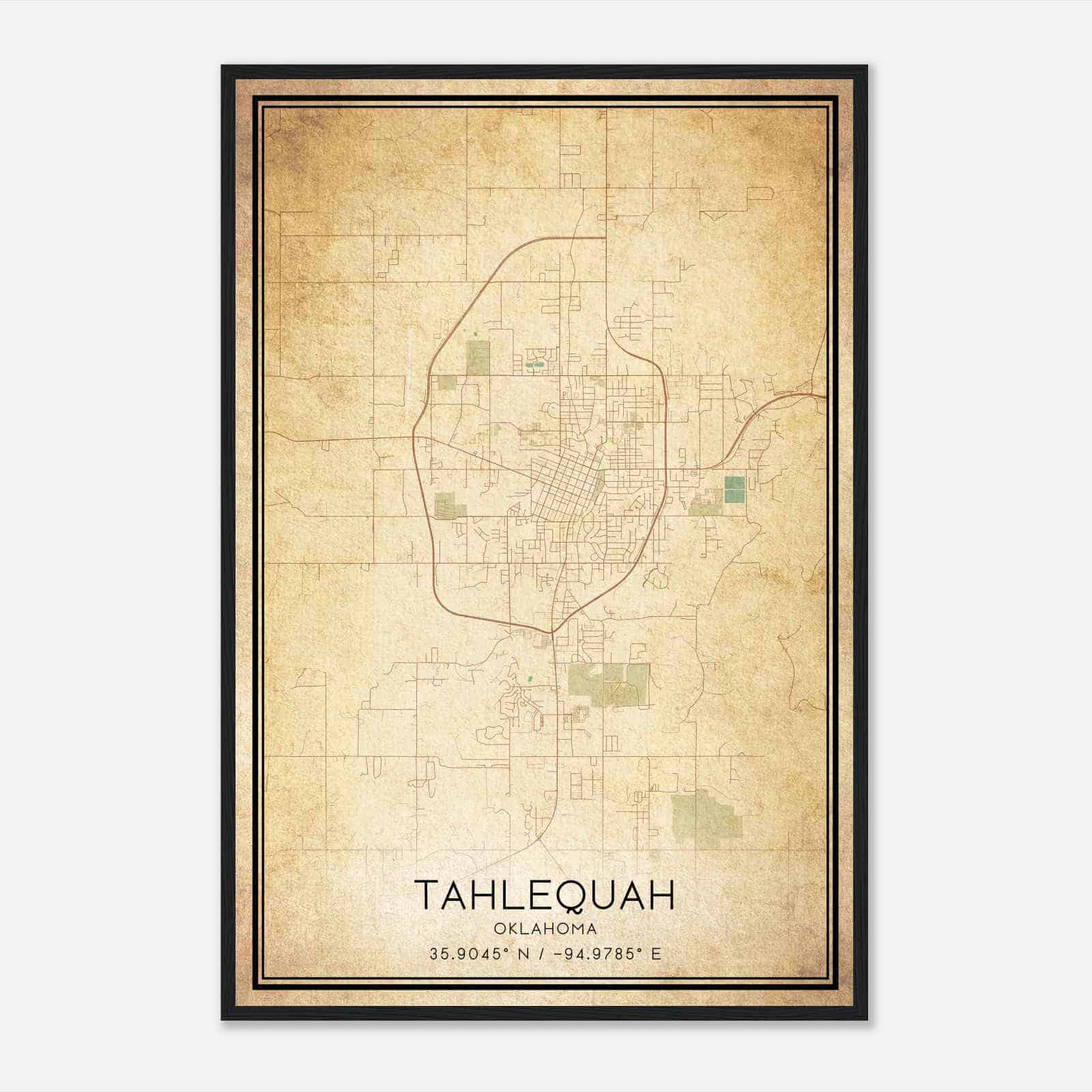 Vintage Tahlequah Oklahoma Map Poster, Modern Home Decor Wall Art Print