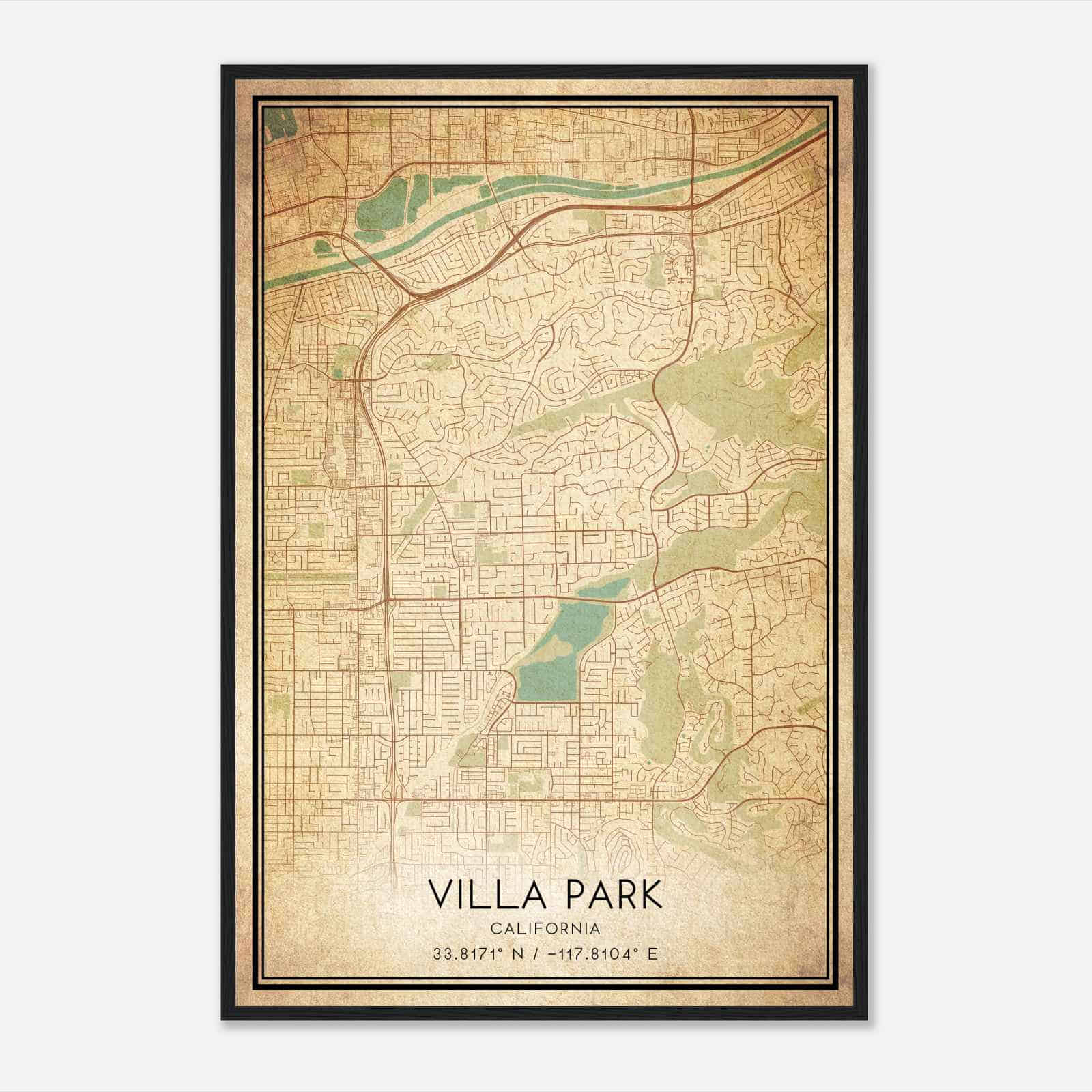 Vintage Villa Park California Map Poster, Modern Home Decor Wall Art Print