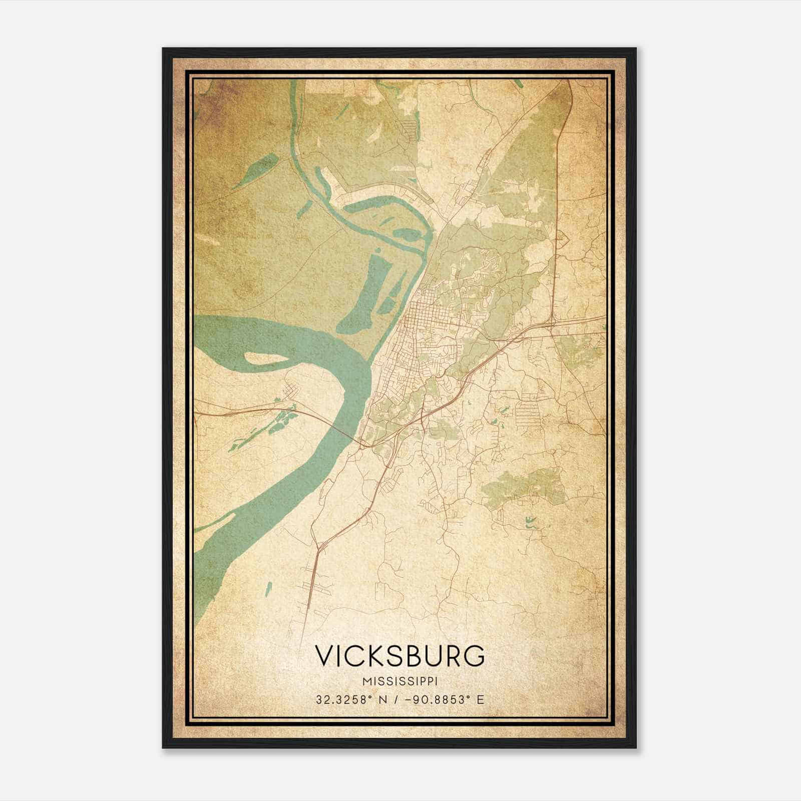 Vintage Vicksburg Mississippi Map Poster, Modern Home Decor Wall Art Print