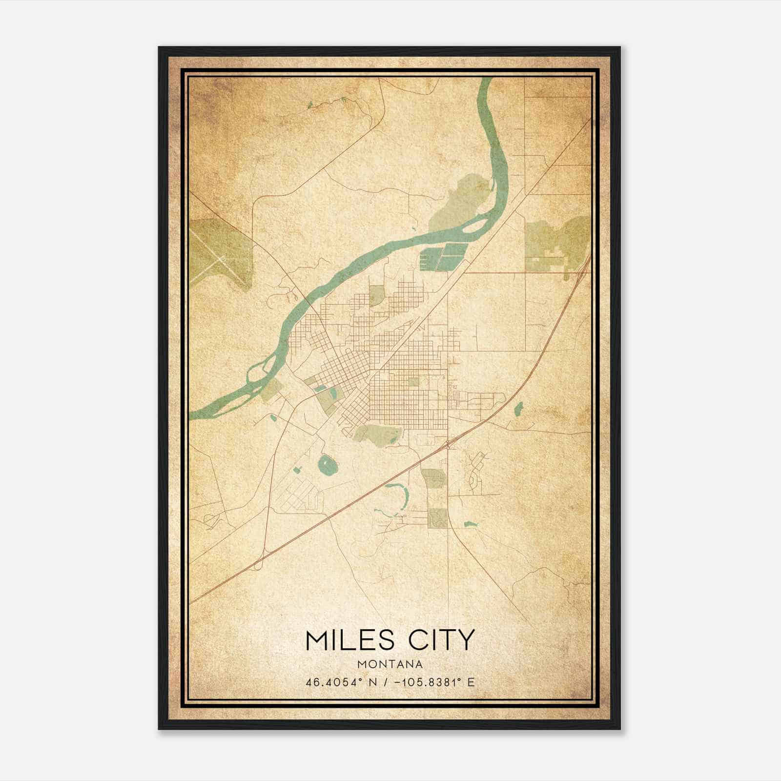 Vintage Miles City Montana Map Poster, Modern Home Decor Wall Art Print