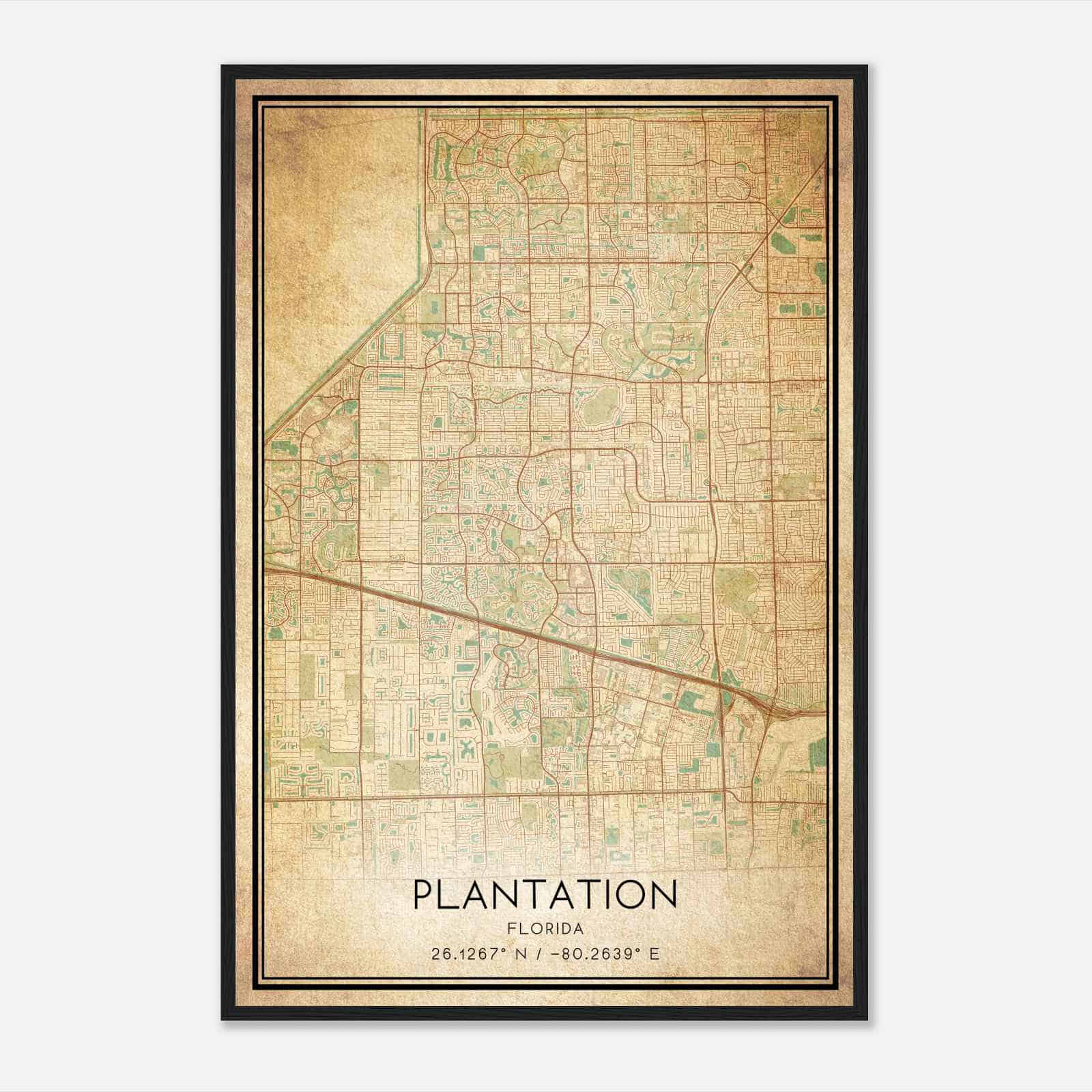 Vintage Plantation Florida Map Poster, Modern Home Decor Wall Art Print