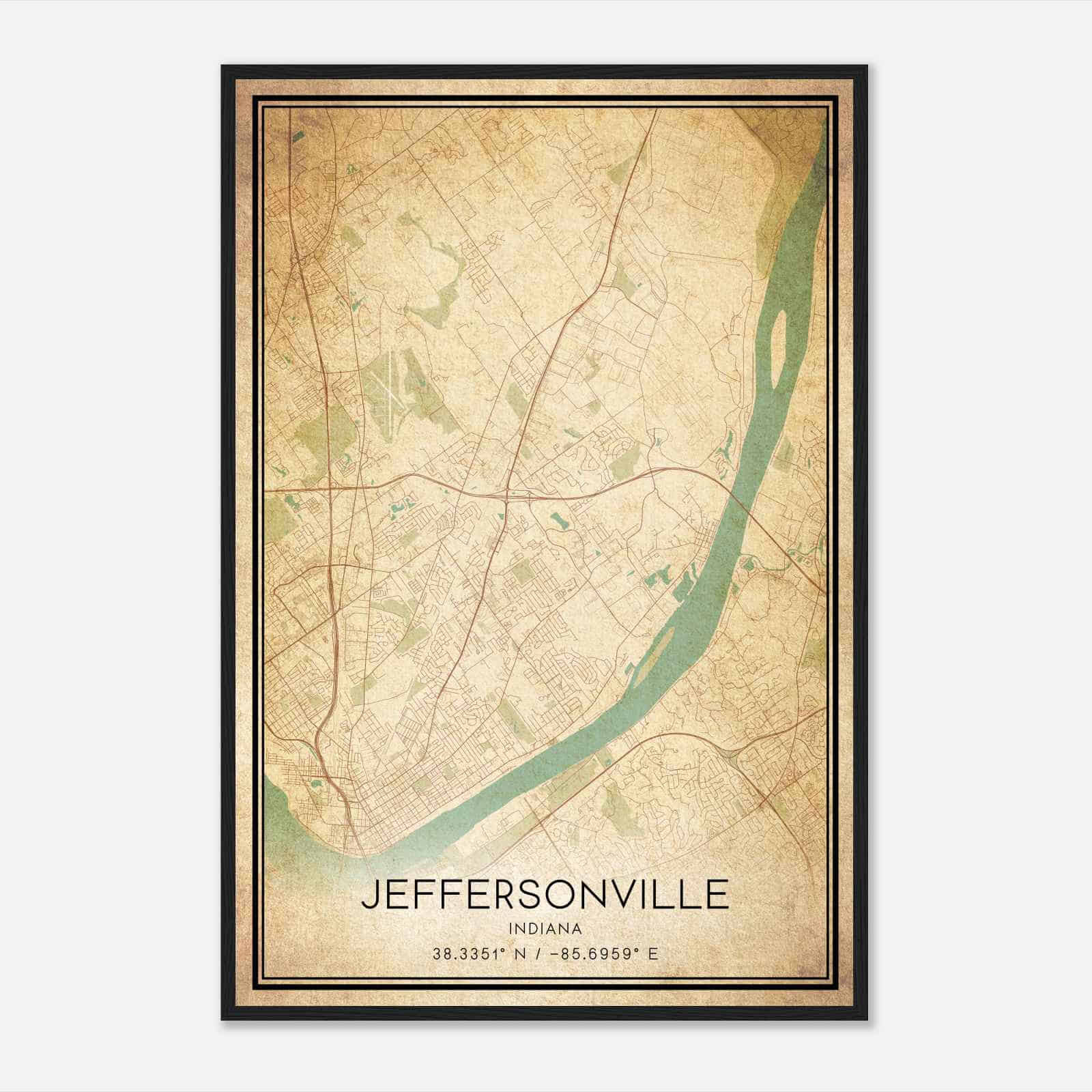 Vintage Jeffersonville Indiana Map Poster, Modern Home Decor Wall Art