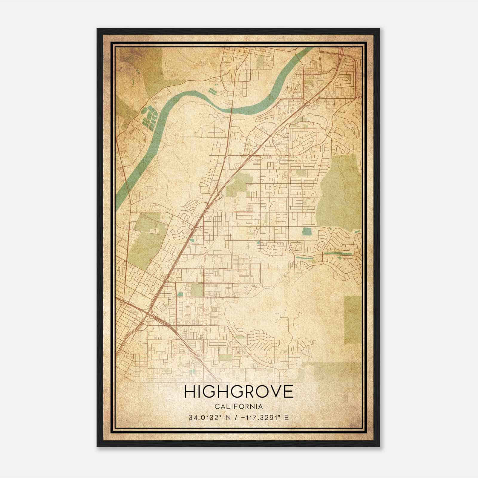 Vintage Highgrove California Map Poster, Modern Home Decor Wall Art Print