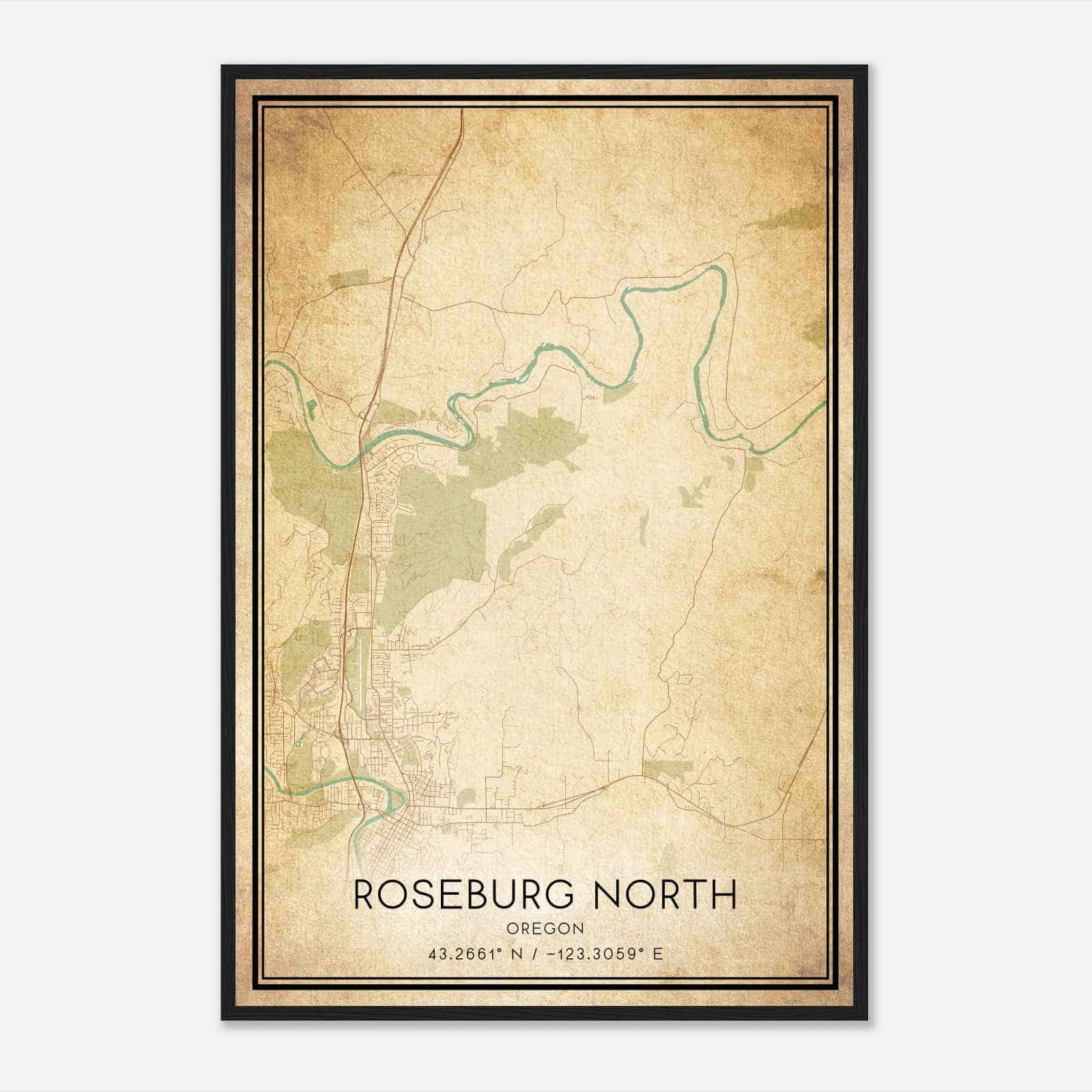 Vintage Roseburg North Oregon Map Poster, Modern Home Decor Wall Art Print