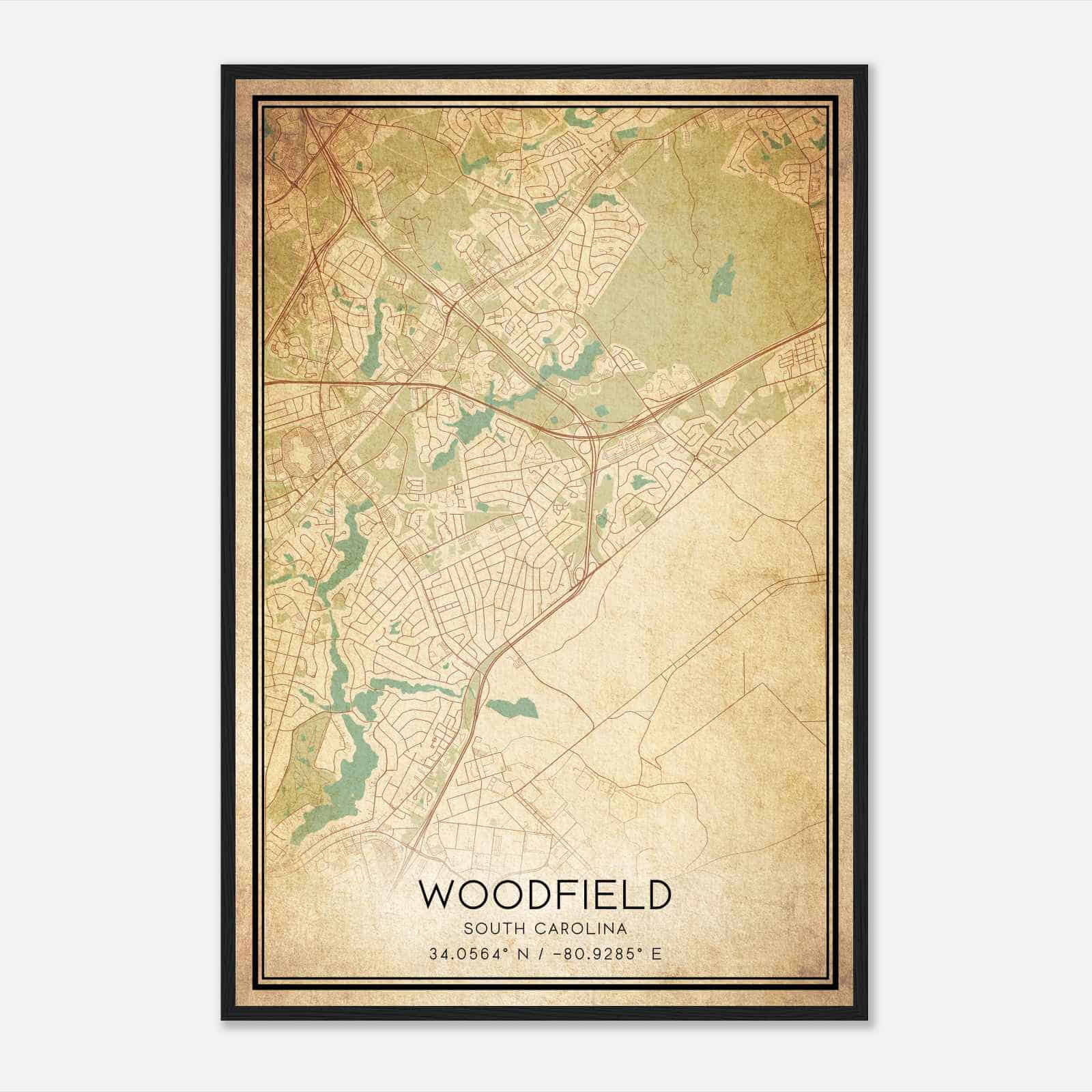 Vintage Woodfield South Carolina Map Poster, Modern Home Decor Wall Art Print
