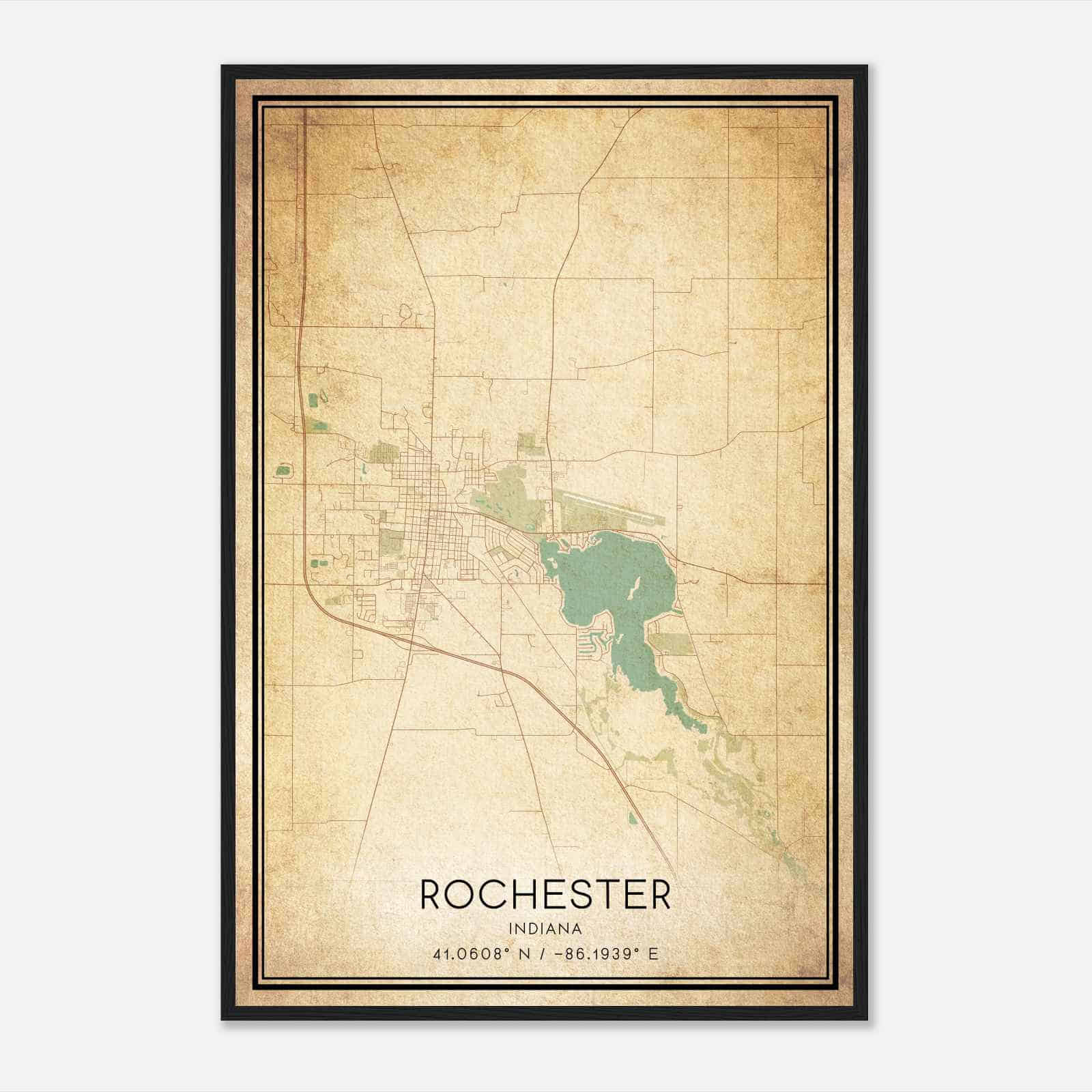 Vintage Rochester Indiana Map Poster, Modern Home Decor Wall Art Print