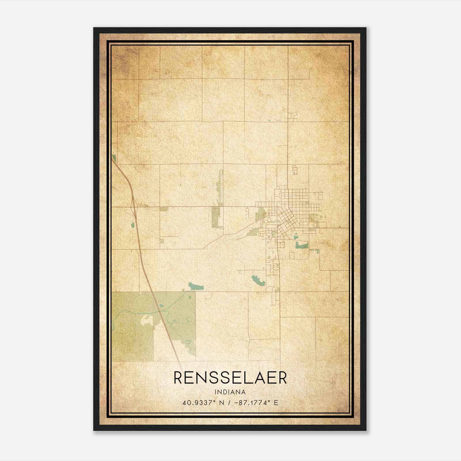 Vintage Rensselaer Indiana Map Poster, Modern Home Decor Wall Art Print