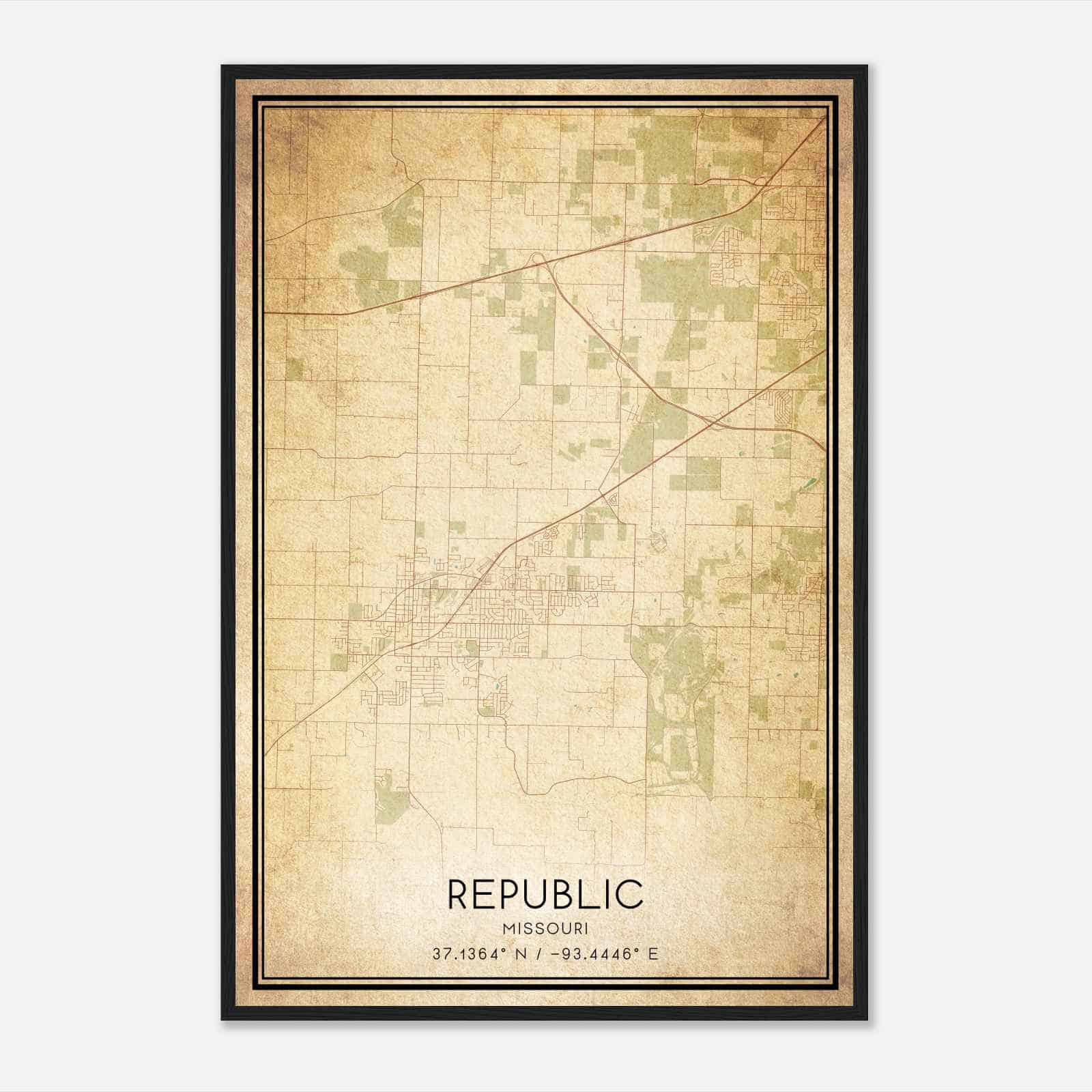 Vintage Republic Missouri Map Poster, Modern Home Decor Wall Art Print